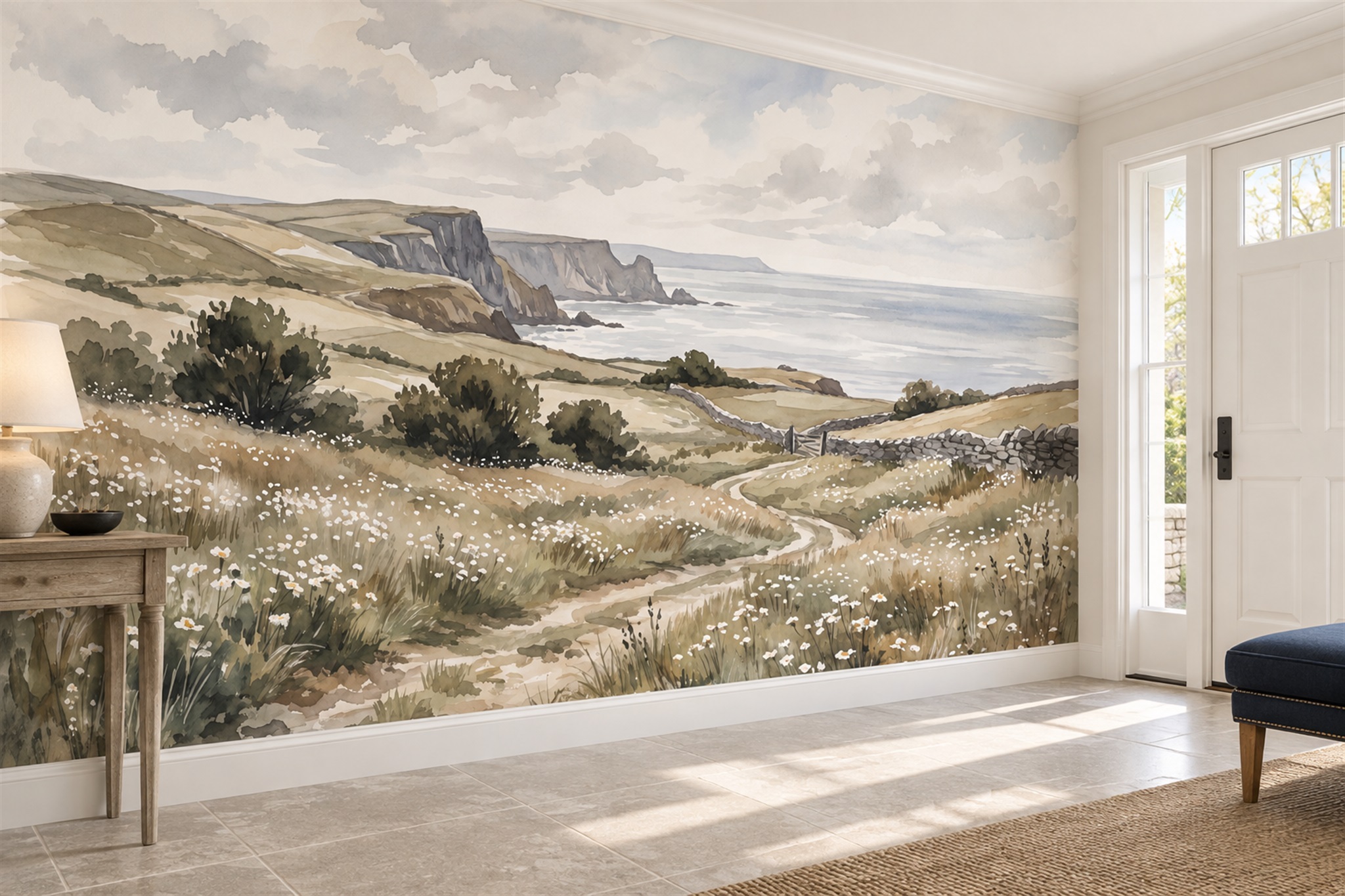 Beige Coastal Scenic Wallpaper Mural Entryway-wallpaper-murals, Peel-and-stick Finish