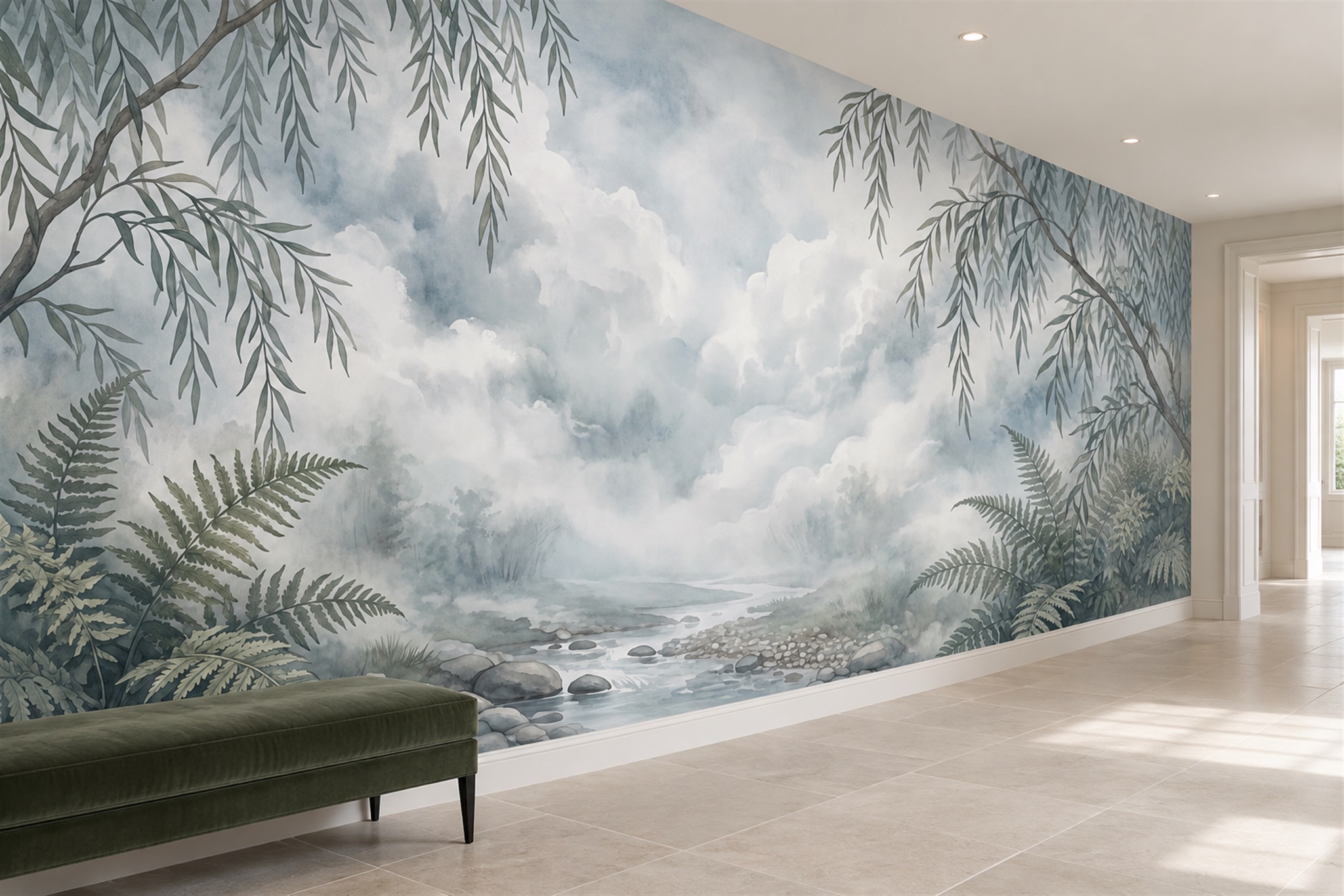 Grey Tropical Artful Wallpaper Mural Hallway-wallpaper-murals, Peel-and-stick Finish