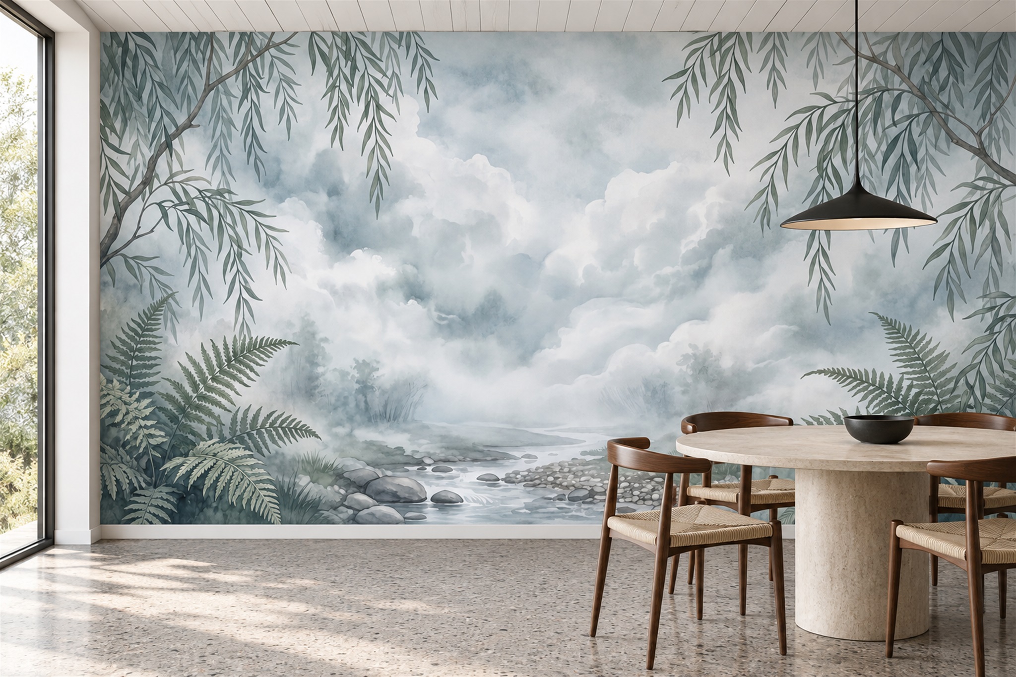 Grey Willow Branches Over A Misty Stream Wallpaper Mural — Wallpaper Mural Design, Peel-and-stick Finish