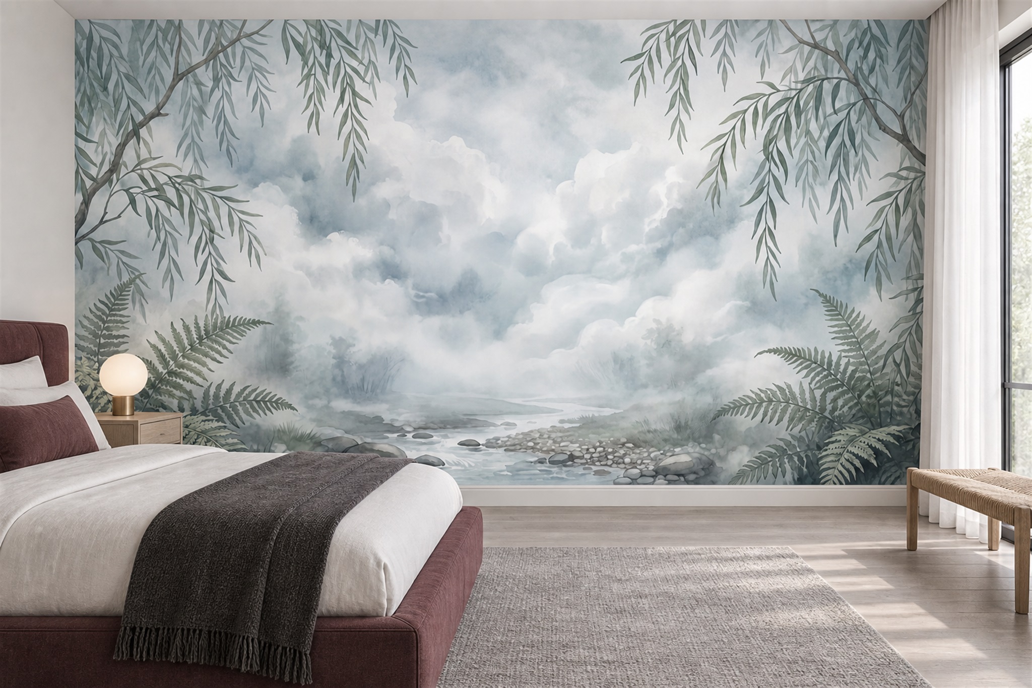 Grey Tropical Artful Wallpaper Mural Bedroom-wallpaper-murals, Peel-and-stick Finish