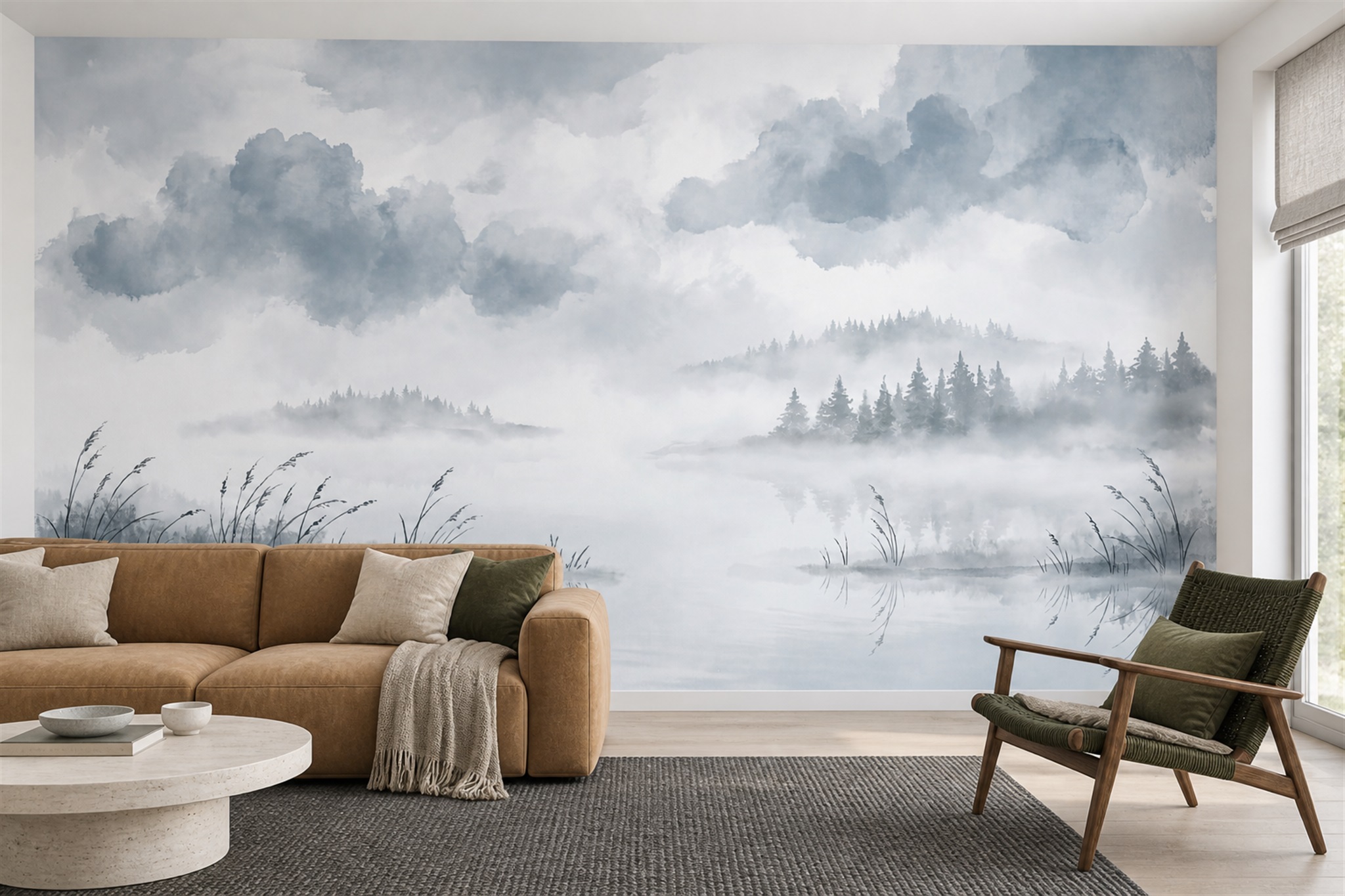 Blue Misty Artful Wallpaper Mural Living-room-wallpaper-murals, Peel-and-stick Finish
