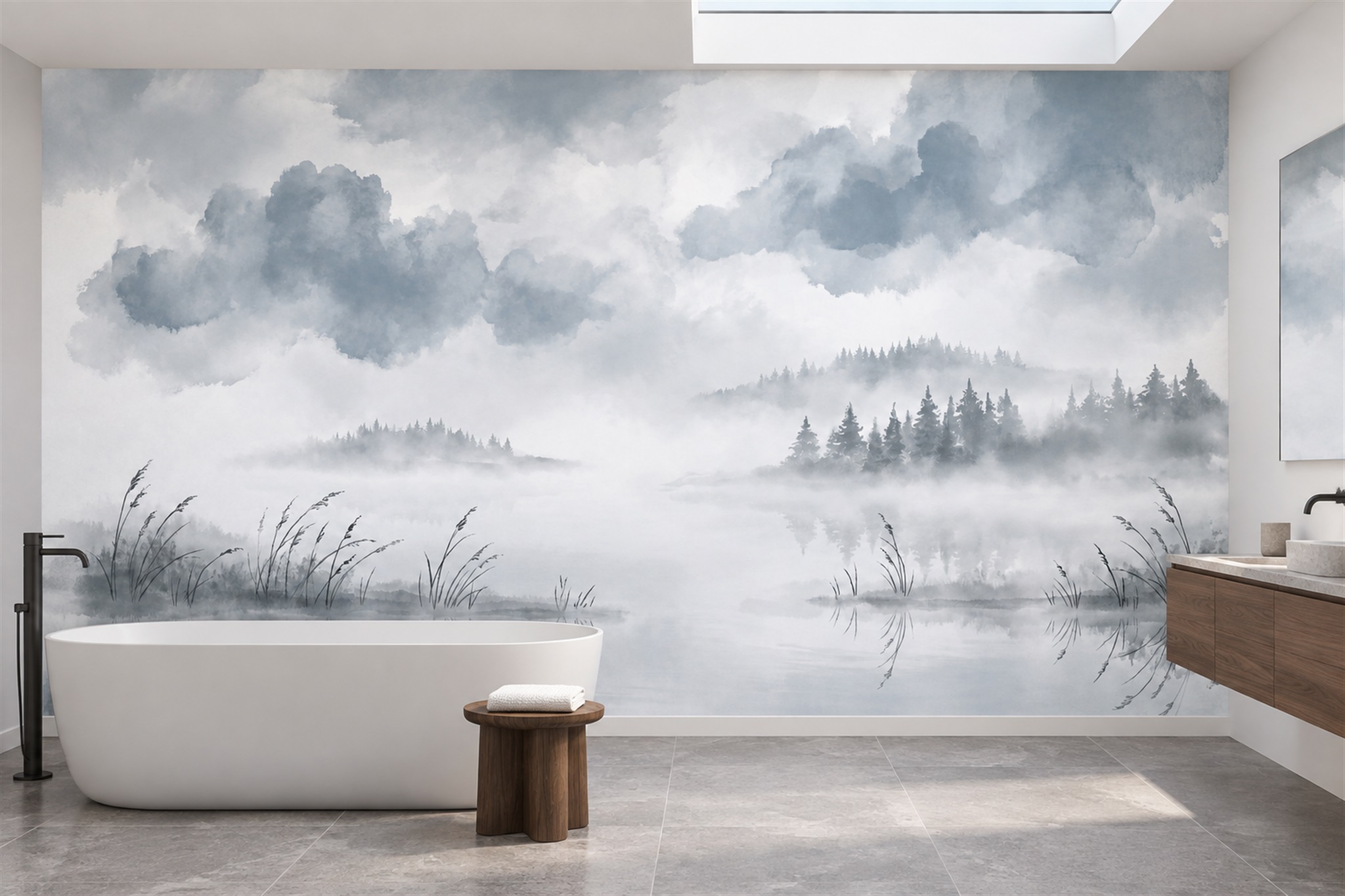 Blue Misty Artful Wallpaper Mural Bathroom-wallpaper-murals, Peel-and-stick Finish