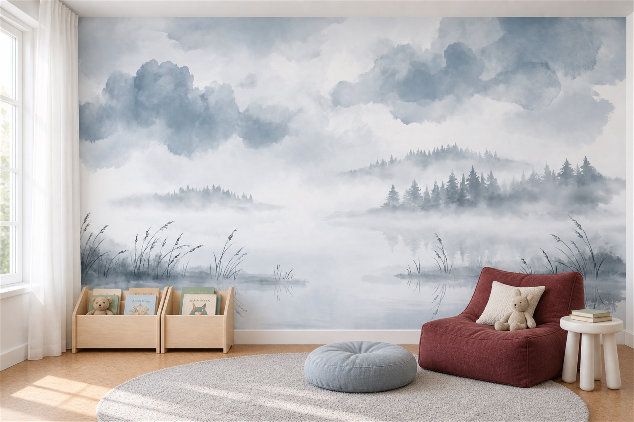 Blue Misty Artful Wallpaper Mural Living-room-wallpaper-murals, Peel-and-stick Finish