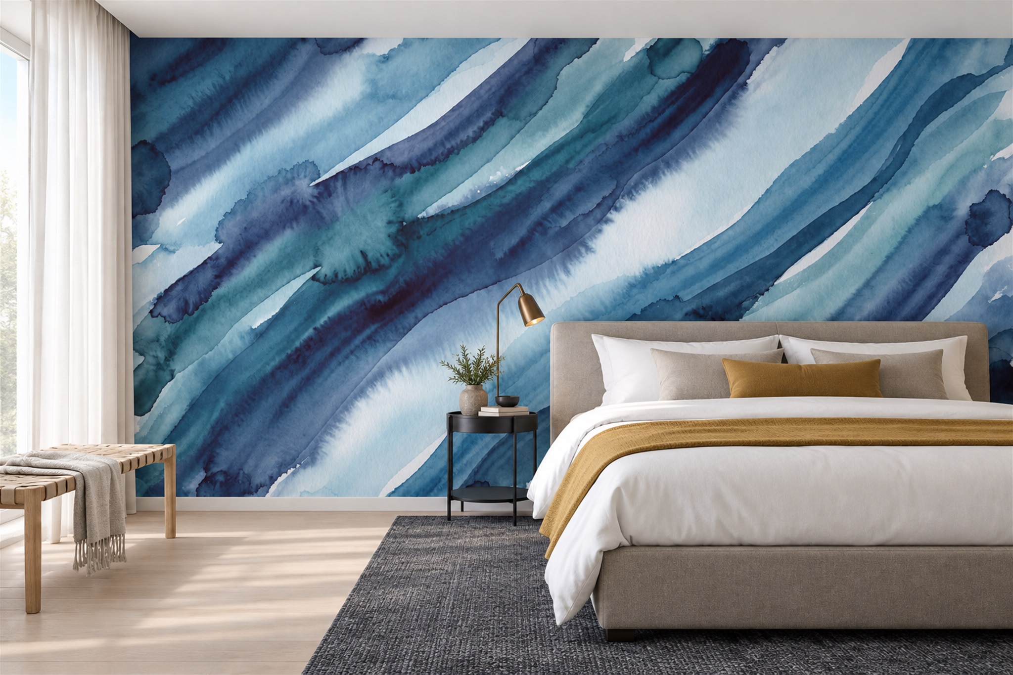 Blue Waves Artful Wallpaper Mural Bedroom-wallpaper-murals, Peel-and-stick Finish