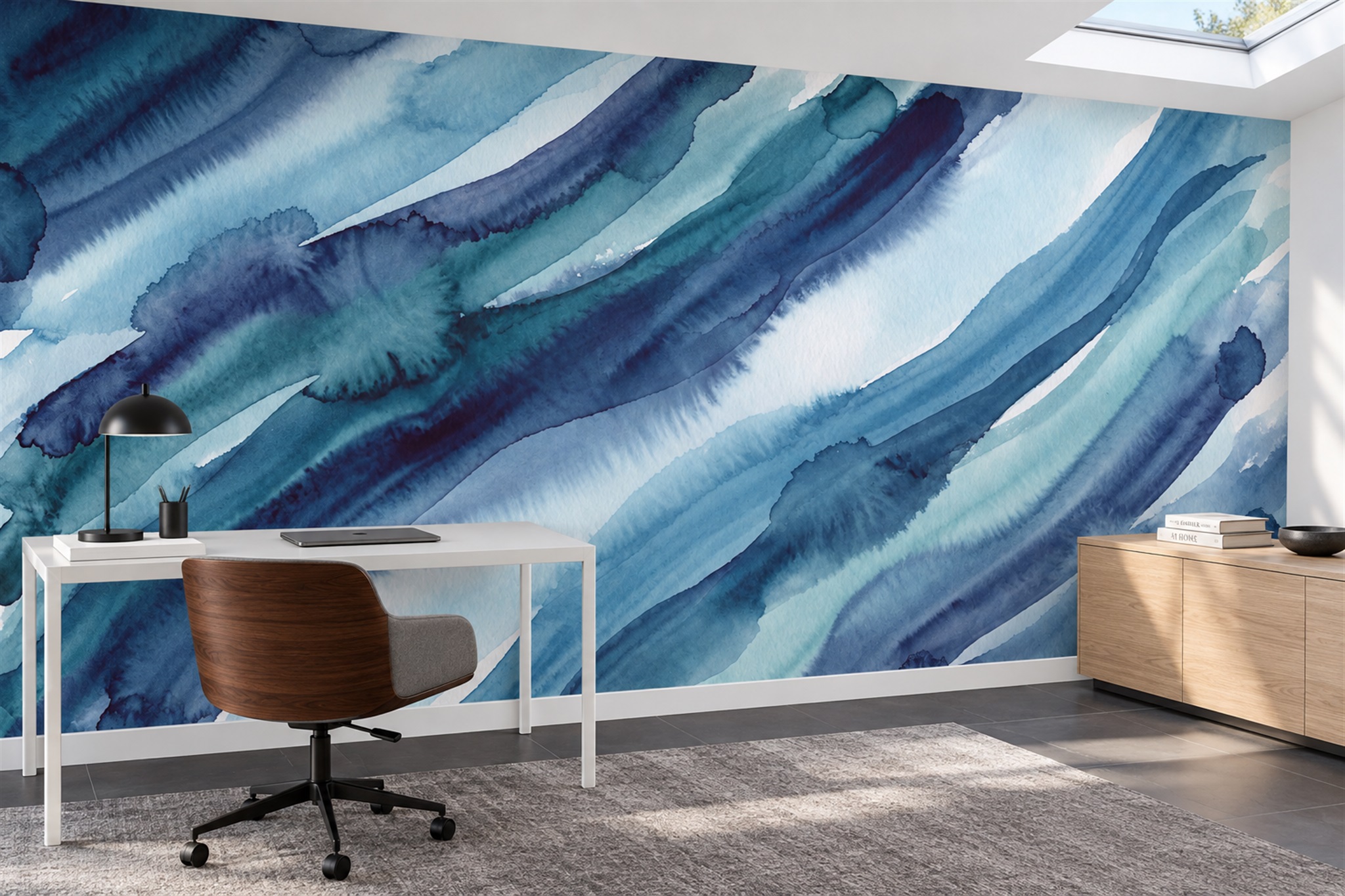 Blue Waves Artful Wallpaper Mural Office-wallpaper-murals, Shown In A Home Office, Peel-and-stick Finish