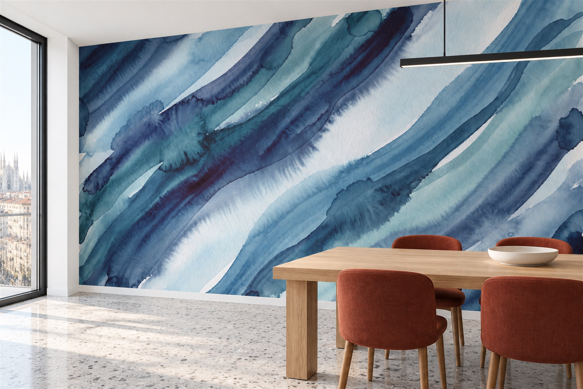 Blue Waves Artful Wallpaper Mural Office-wallpaper-murals, Shown In A Home Office, Peel-and-stick Finish