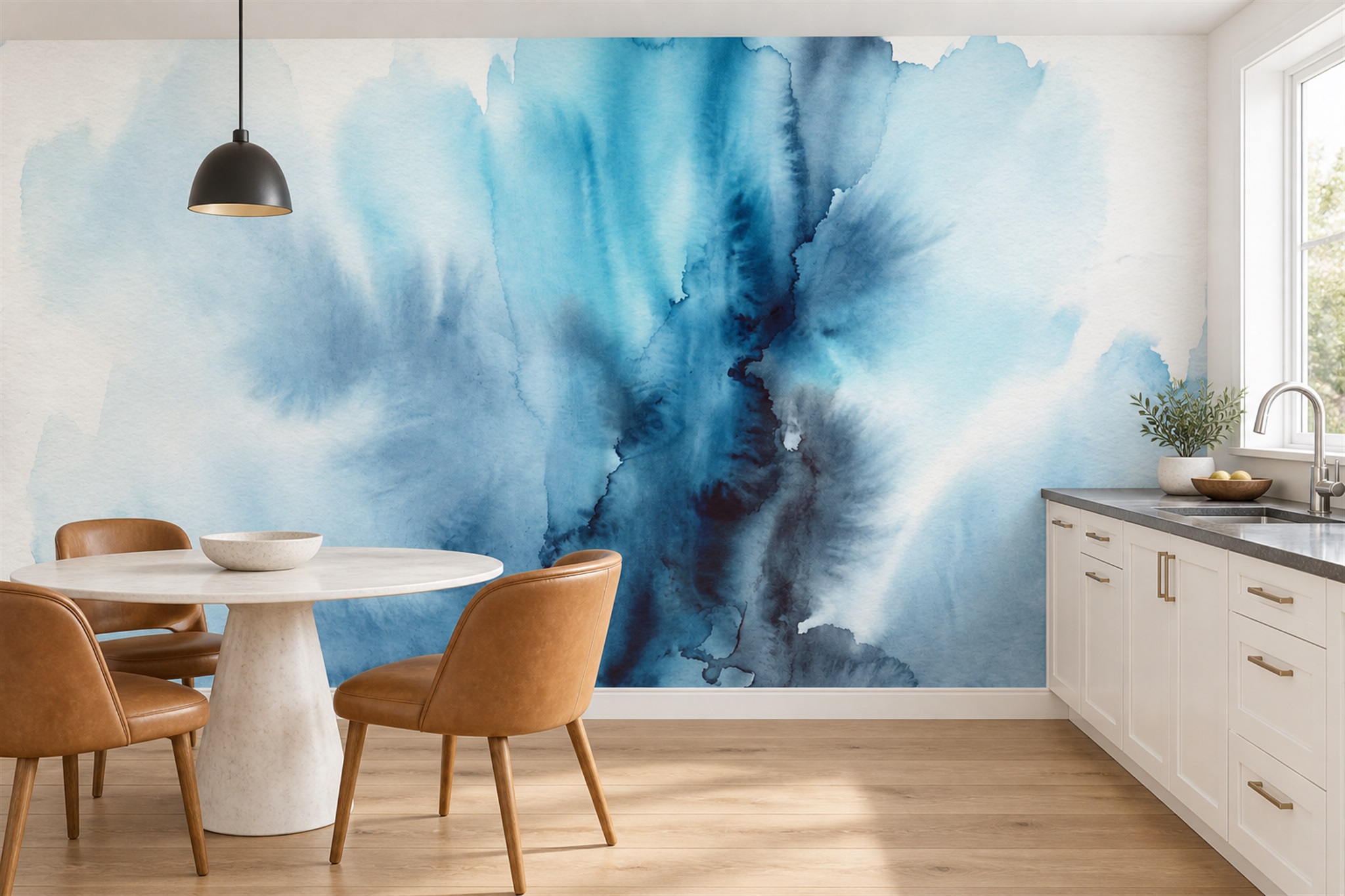 Blue Ink Artful Wallpaper Mural Dining-room-wallpaper-murals, Peel-and-stick Finish
