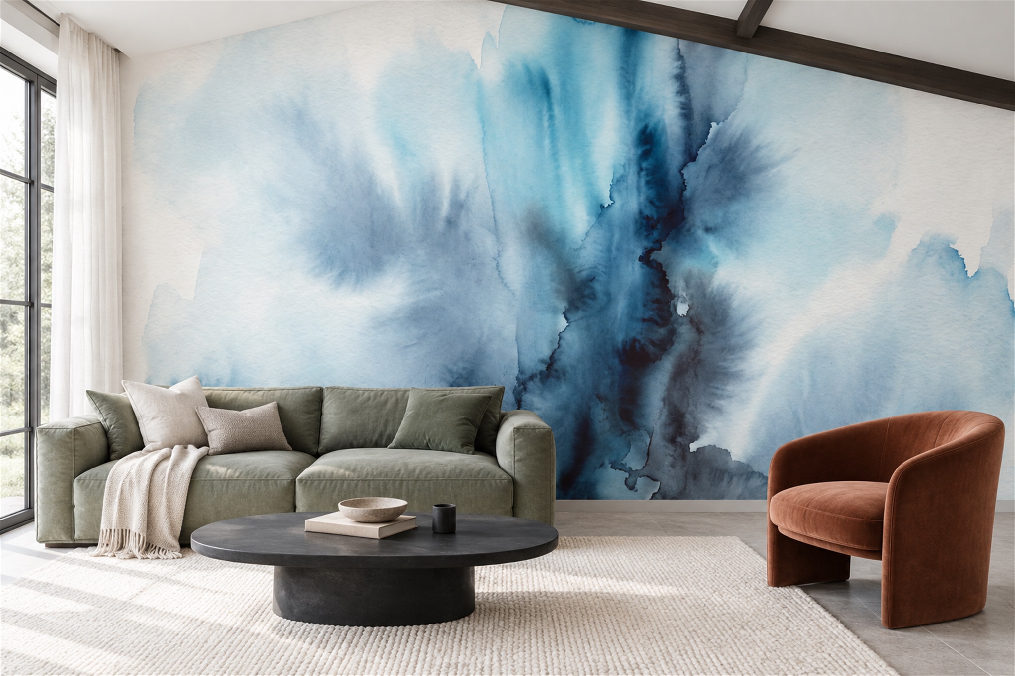 Blue Ink Artful Wallpaper Mural Dining-room-wallpaper-murals, Peel-and-stick Finish