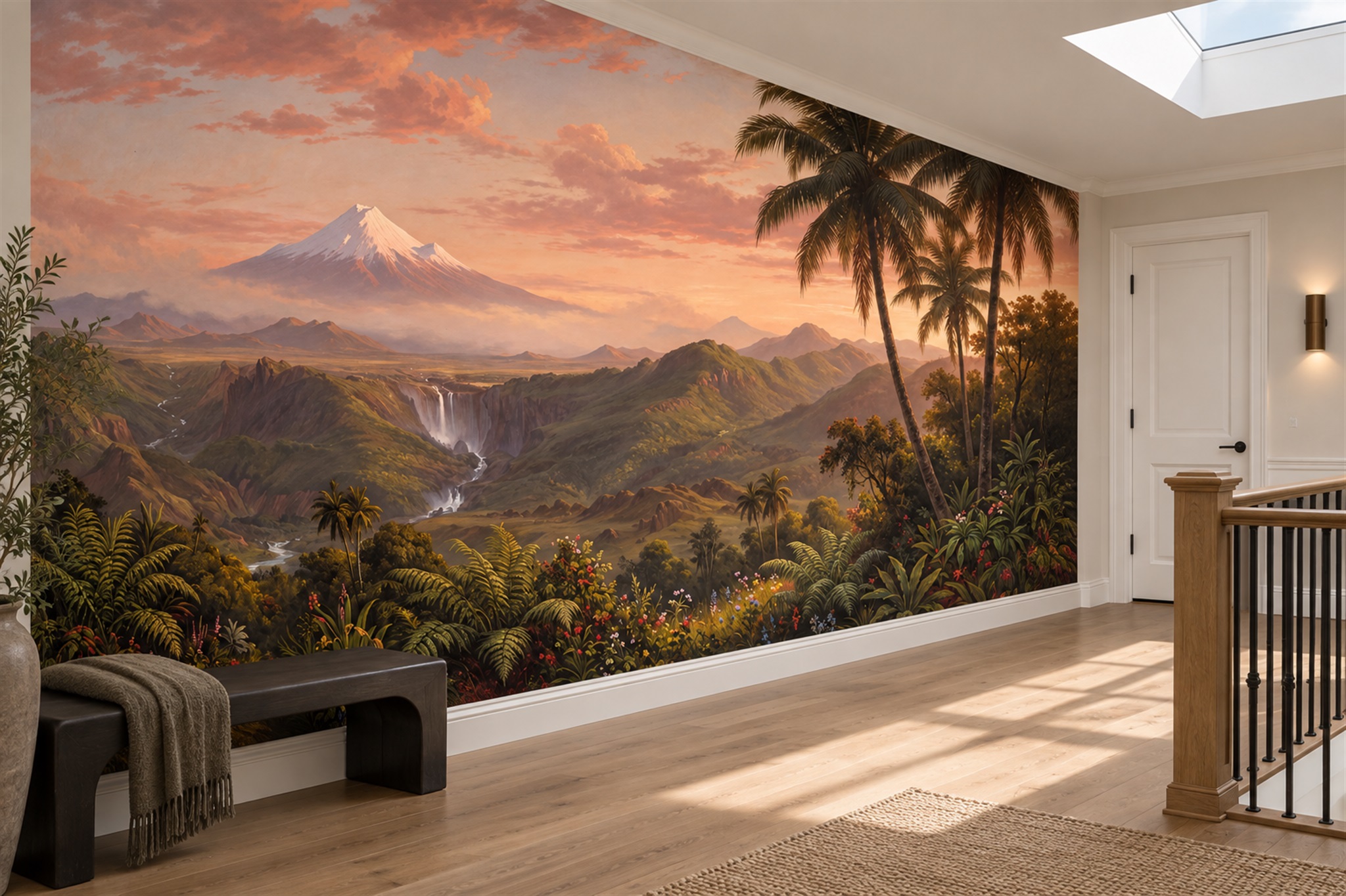 Mountain and waterfall mural beside a staircase landing railing