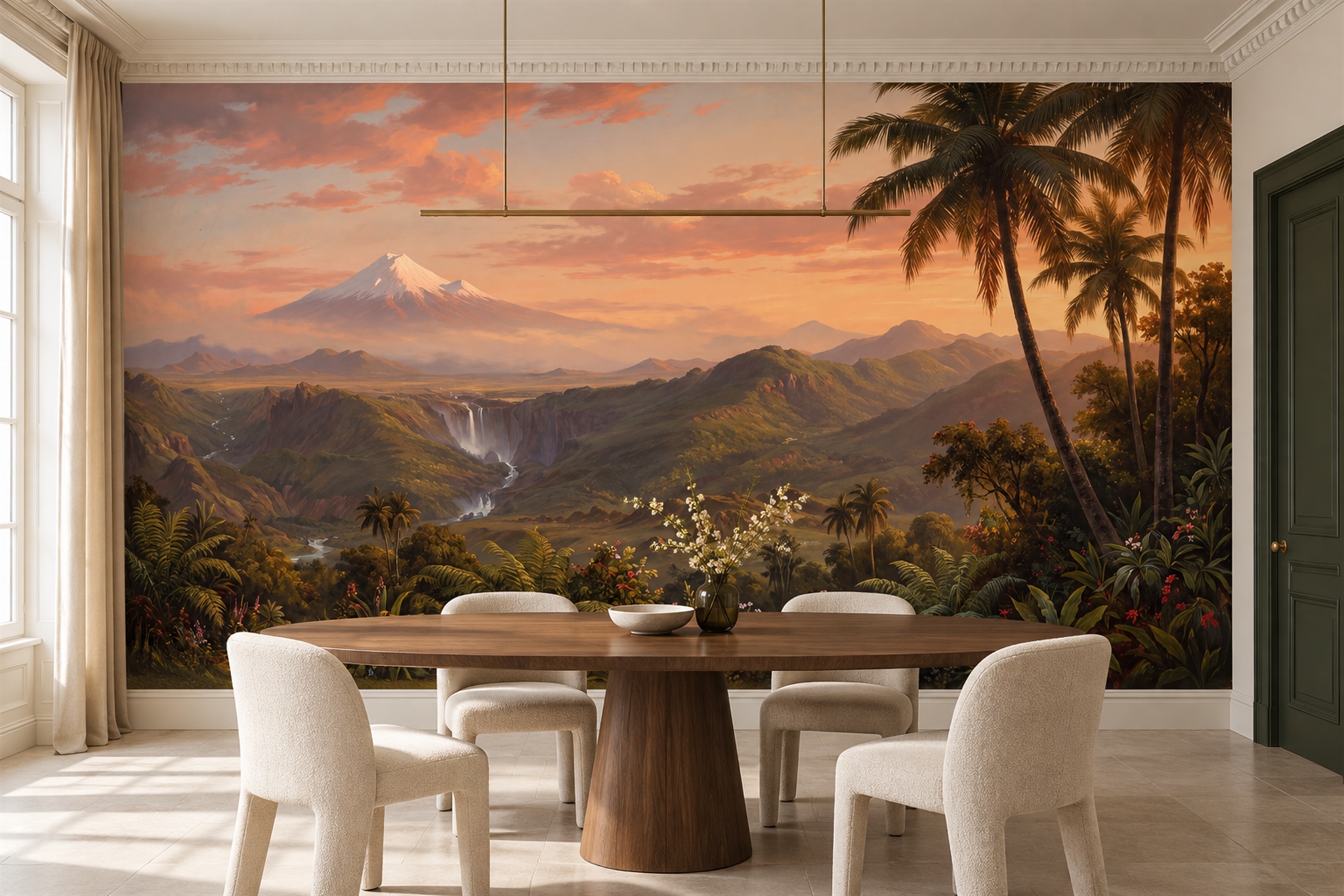 Peach Pattern Decorative Painterly Wallpaper Mural Dining-room-wallpaper-murals, Shown In A Dining Room, Peel-and-stick Finish