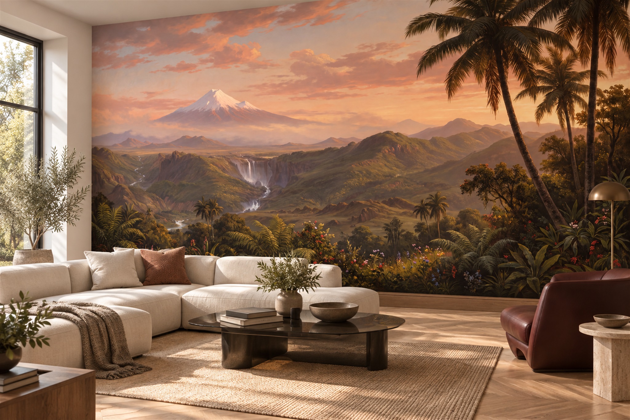 What Mural Wallpaper Works Well in a Living Room? — installed wallpaper mural in a living room, peel-and-stick finish