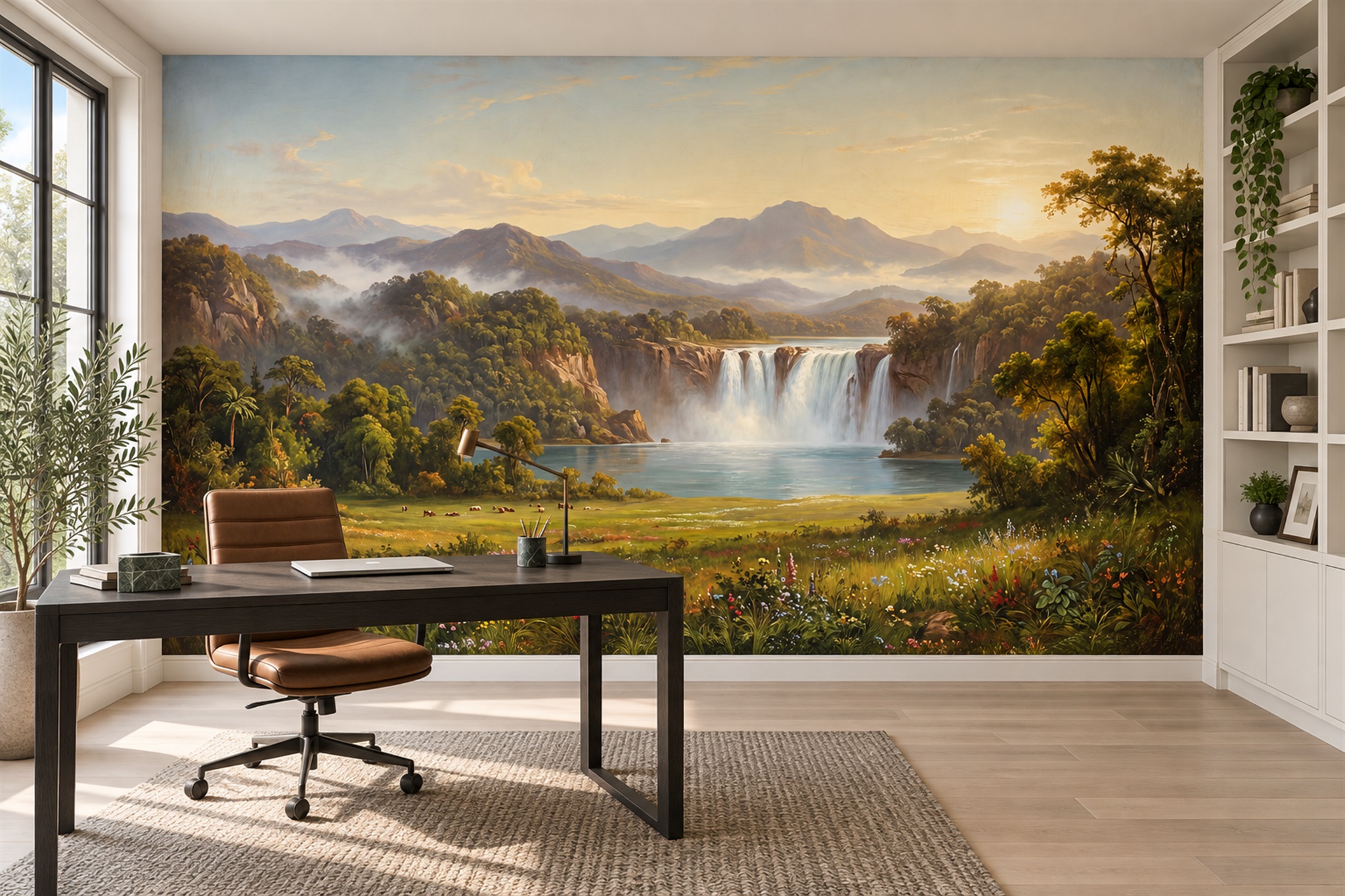 Golden Mountain Waterfall Scenic Wallpaper Mural — Installed Wallpaper Mural In A Home Office, Peel-and-stick Finish