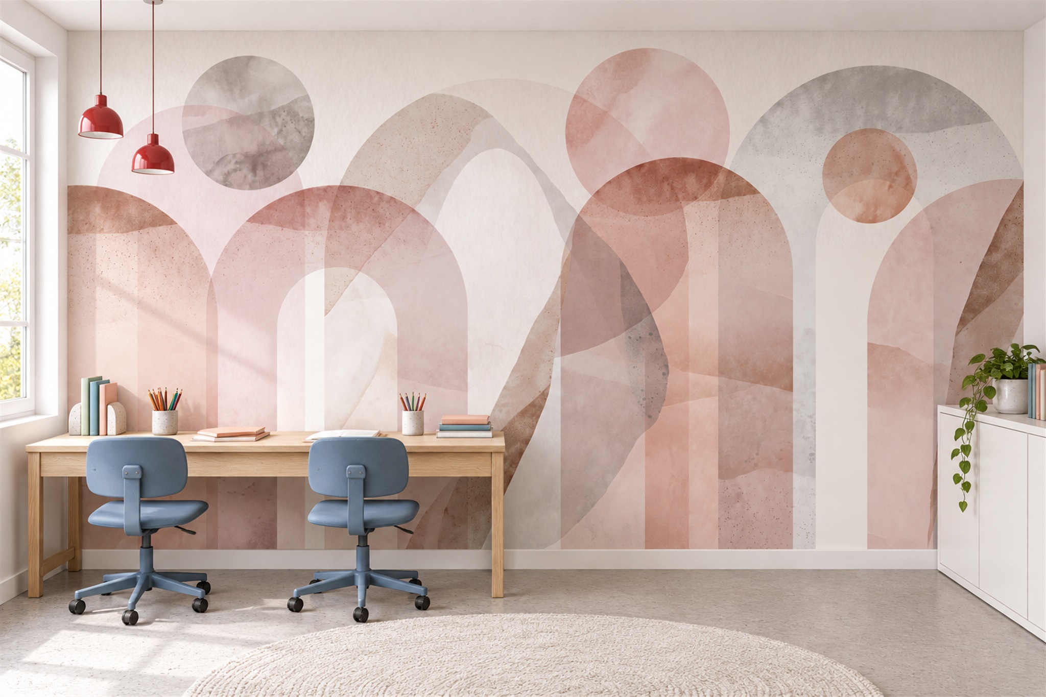 Blush Arched Abstract Wallpaper Mural Office-wallpaper-murals, Shown In A Home Office, Peel-and-stick Finish