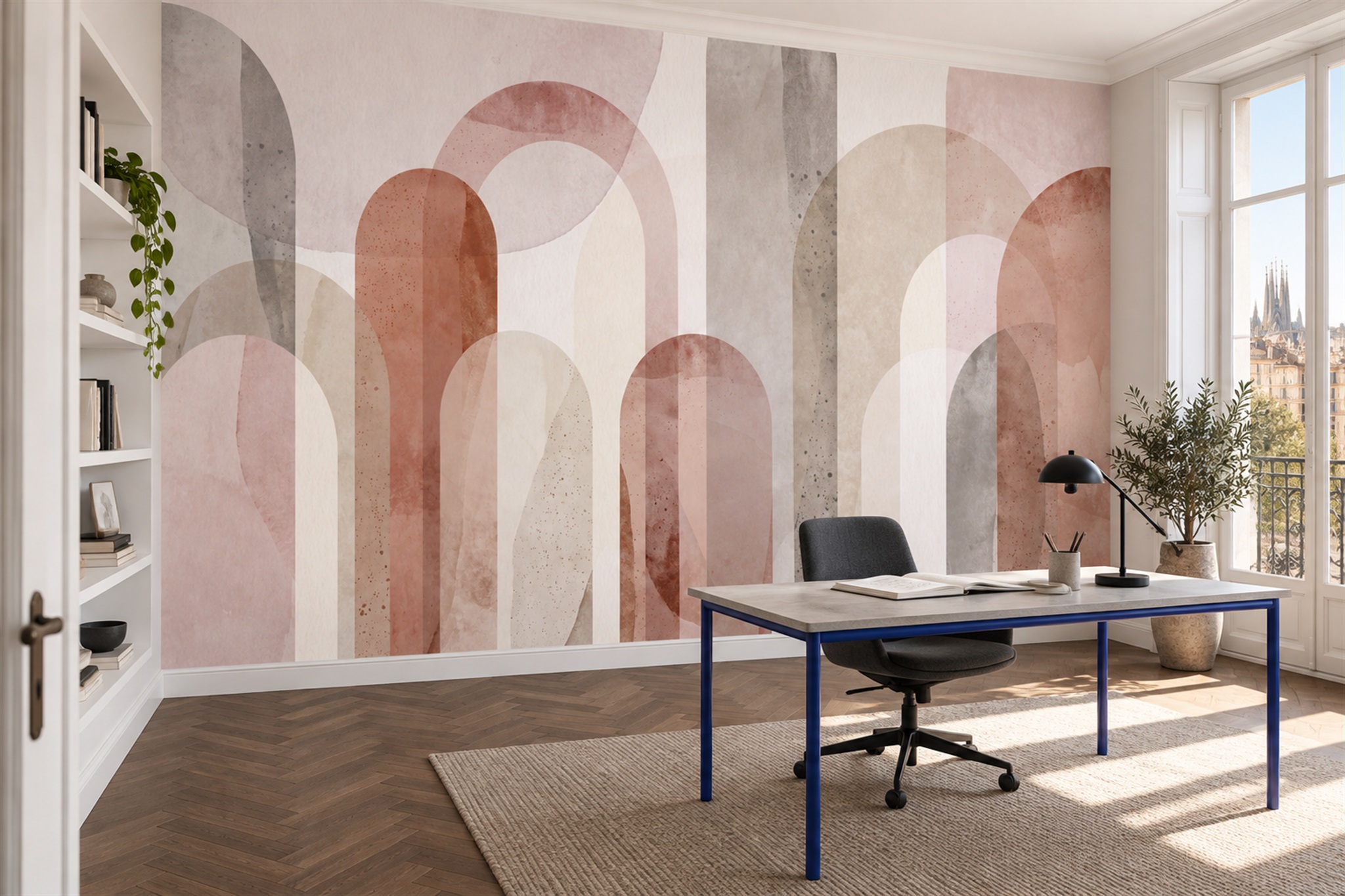 Clay Arched Abstract Decorative Wallpaper Mural Office-wallpaper-murals, Shown In A Home Office, Peel-and-stick Finish