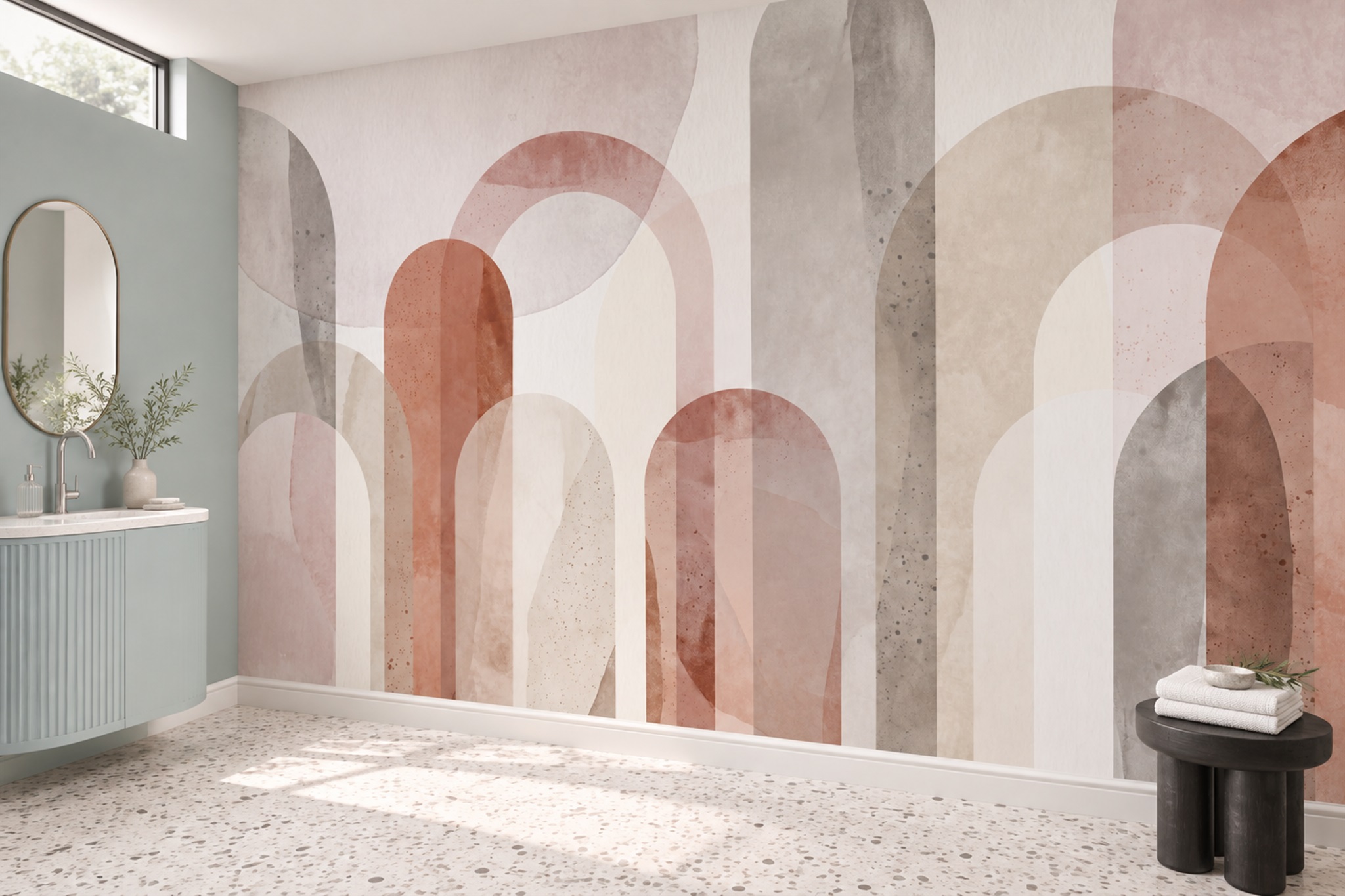 Clay Arched Abstract Decorative Wallpaper Mural Office-wallpaper-murals, Shown In A Home Office, Peel-and-stick Finish