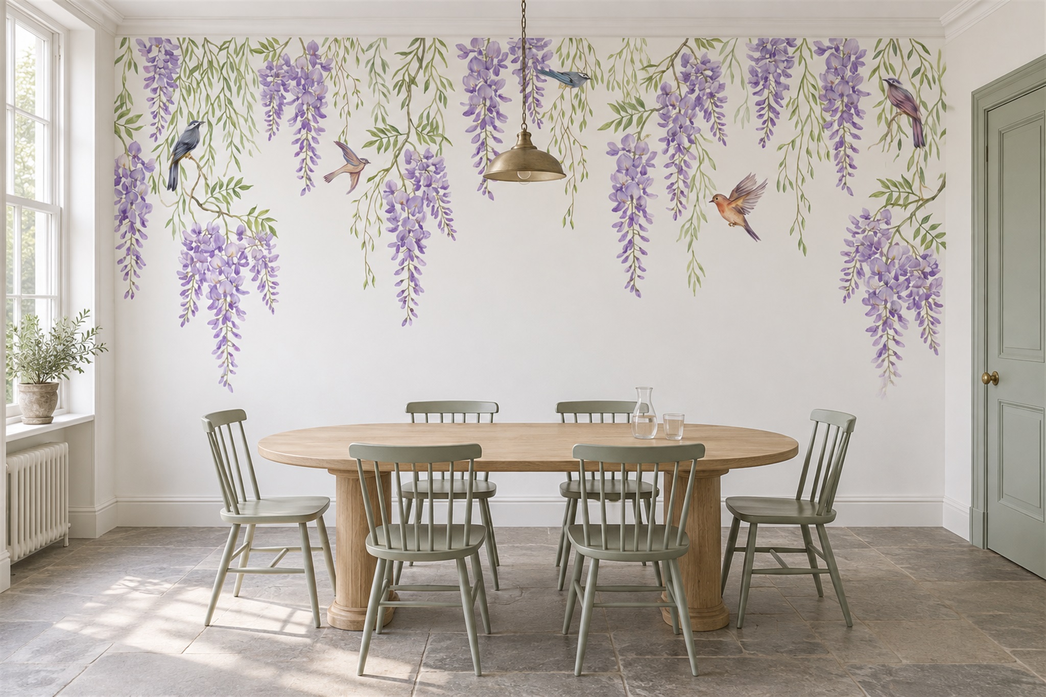Lilac Pattern Decorative Abstract Wallpaper Mural Dining-room-wallpaper-murals, Shown In A Dining Room, Peel-and-stick Finish