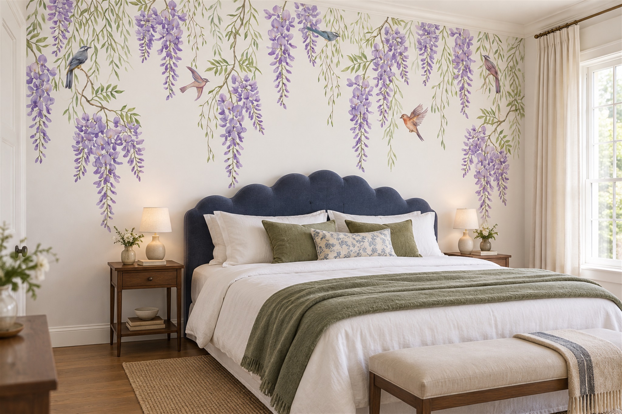 Wisteria And Garden Birds On A White Wallpaper Mural — Installed Wallpaper Mural In A Bedroom, Peel-and-stick Finish