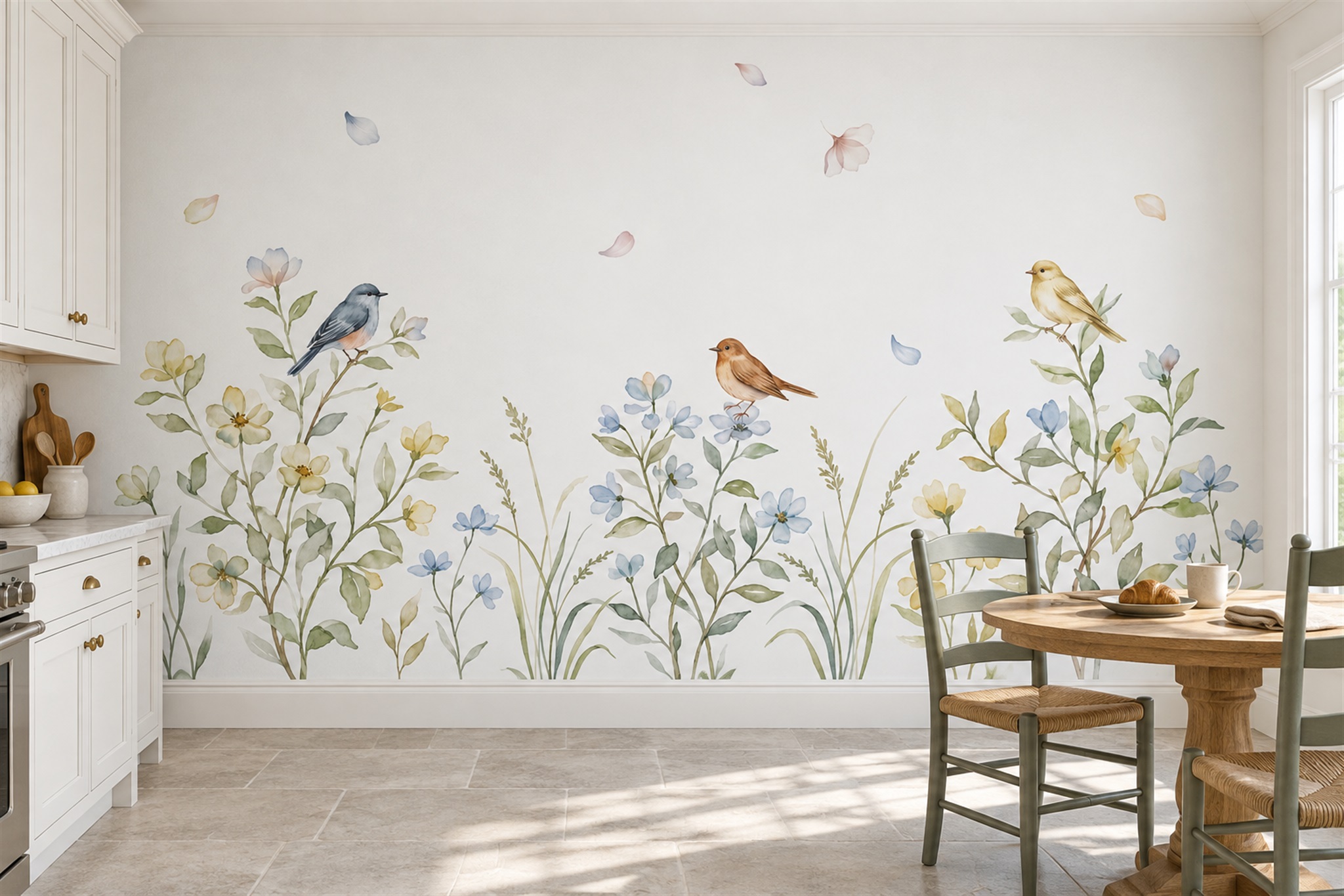 Blue Bird Illustrated Wallpaper Mural Dining-room-wallpaper-murals, Shown In A Dining Room, Peel-and-stick Finish