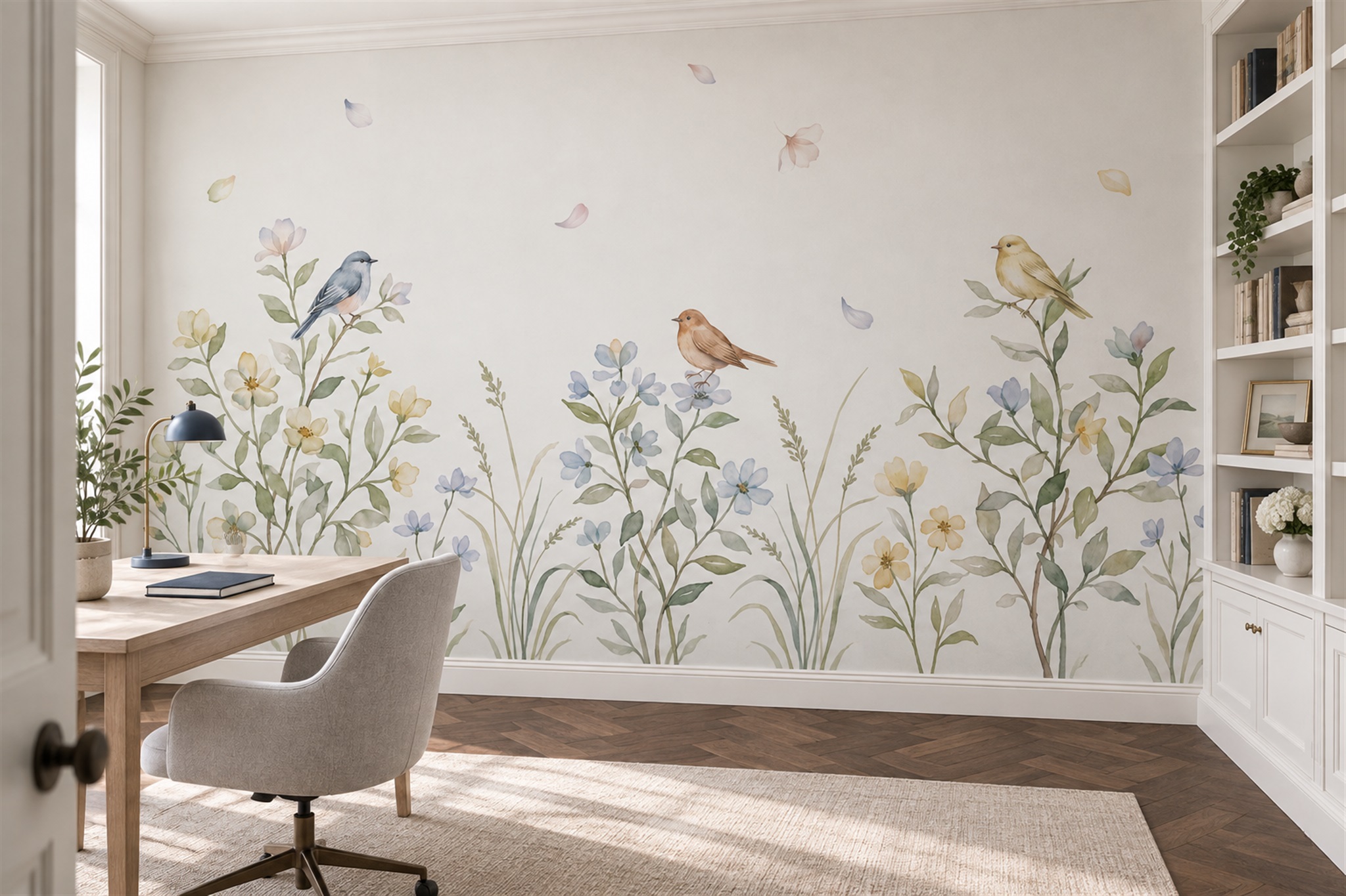 Blue Bird Illustrated Wallpaper Mural Office-wallpaper-murals, Shown In A Home Office, Peel-and-stick Finish