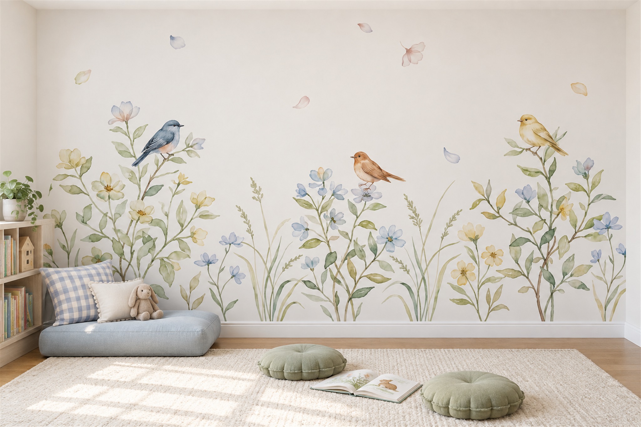 Blue Bird Illustrated Wallpaper Mural Accent-wall-wallpaper-murals, Peel-and-stick Finish