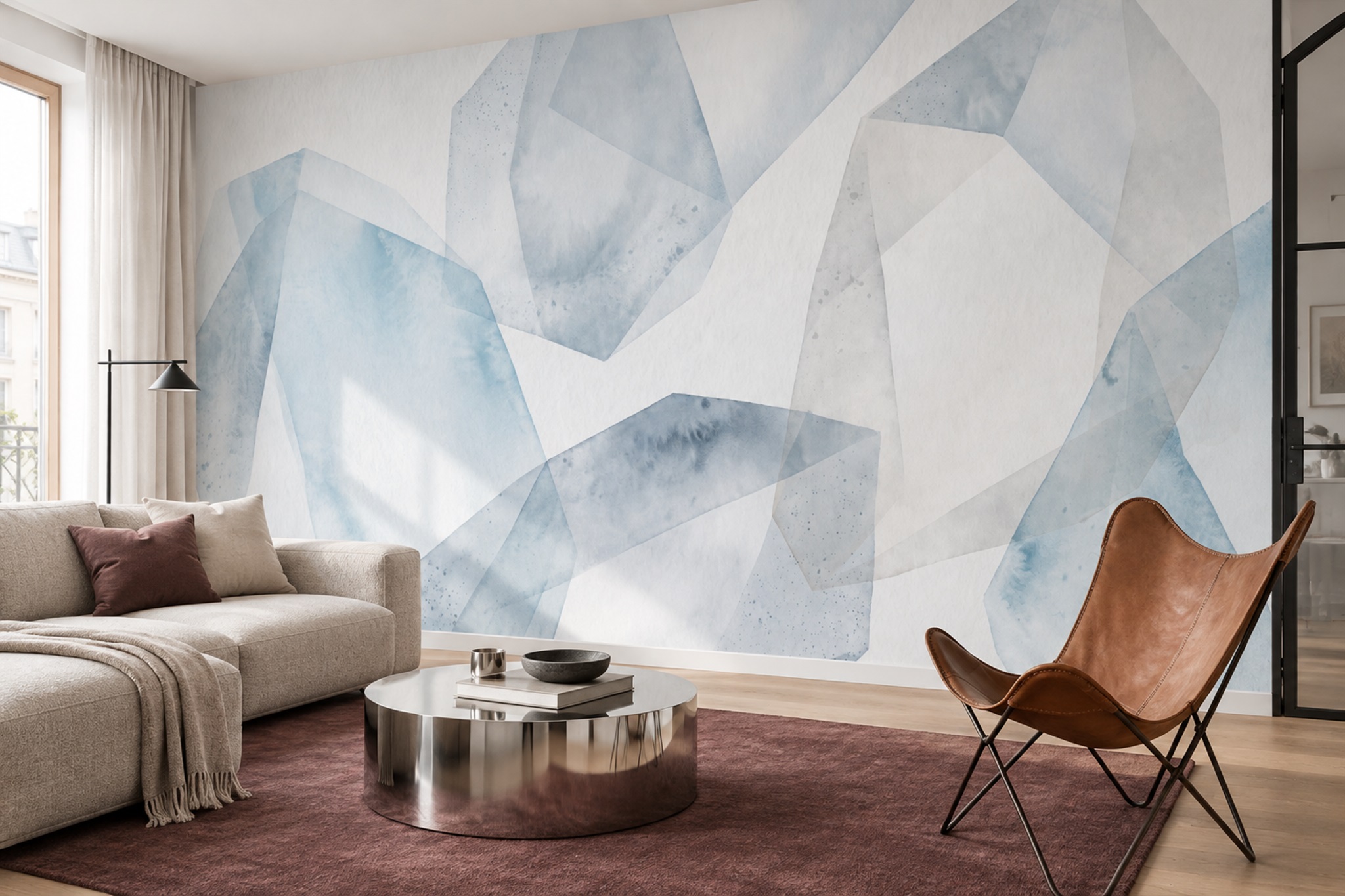 Blue Pattern Decorative Illustrated Wallpaper Mural Living-room-wallpaper-murals, Peel-and-stick Finish