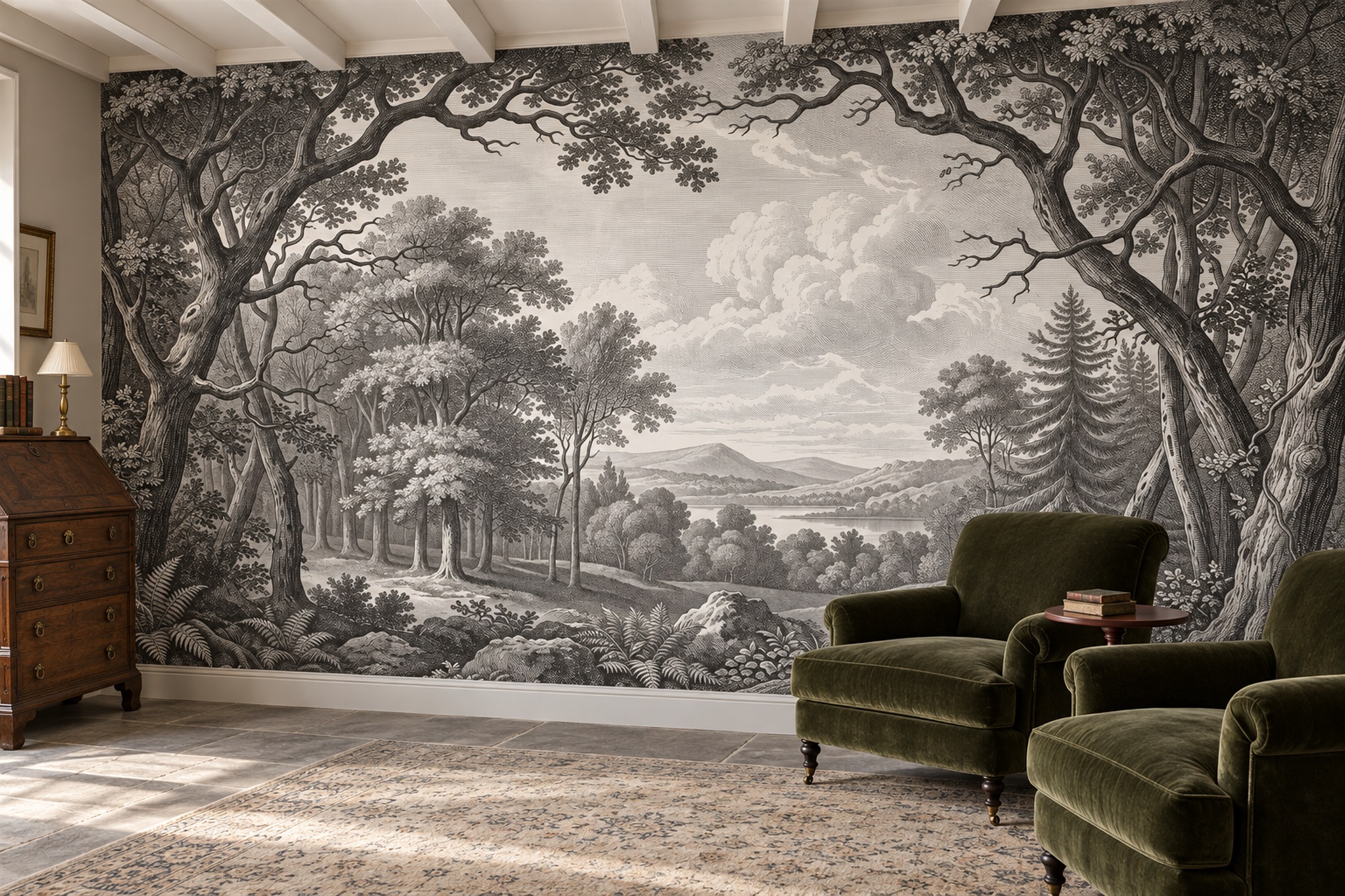 Monochrome Woodland Lake Wallpaper Mural — Wallpaper Mural Design, Peel-and-stick Finish