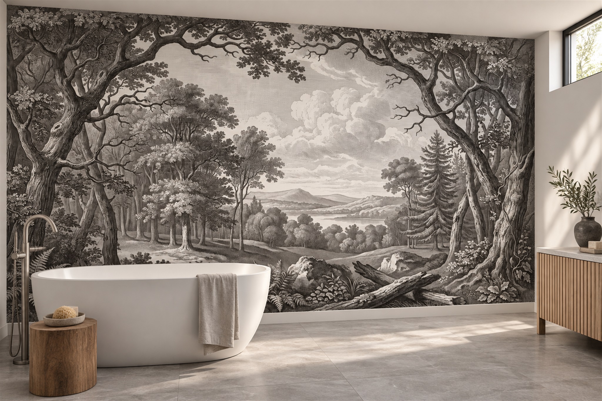 Grey Scenic Scenic Forest Wallpaper Mural Bathroom-wallpaper-murals, Peel-and-stick Finish