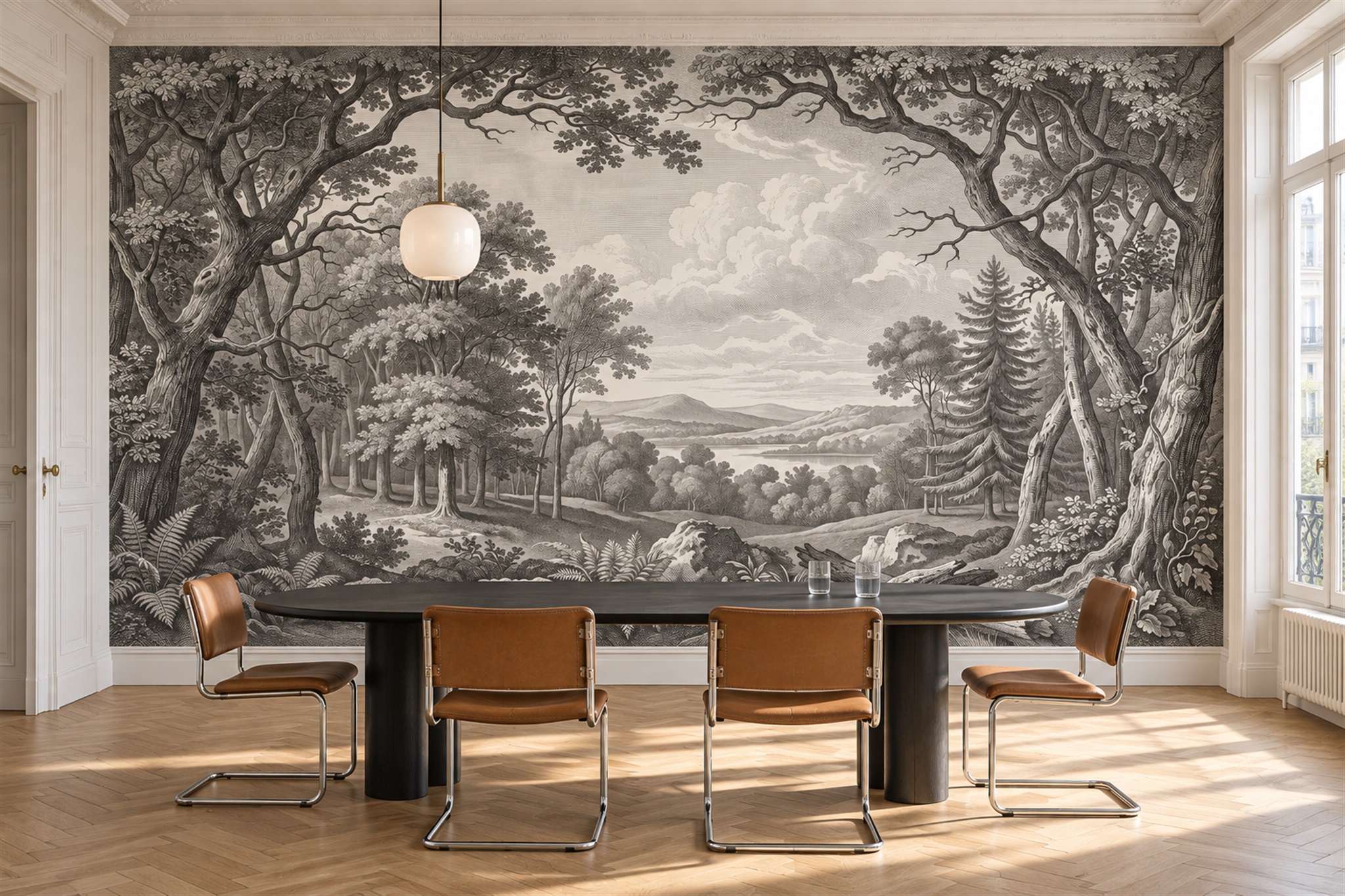 Grey Scenic Scenic Forest Wallpaper Mural Dining-room-wallpaper-murals, Shown In A Dining Room, Peel-and-stick Finish