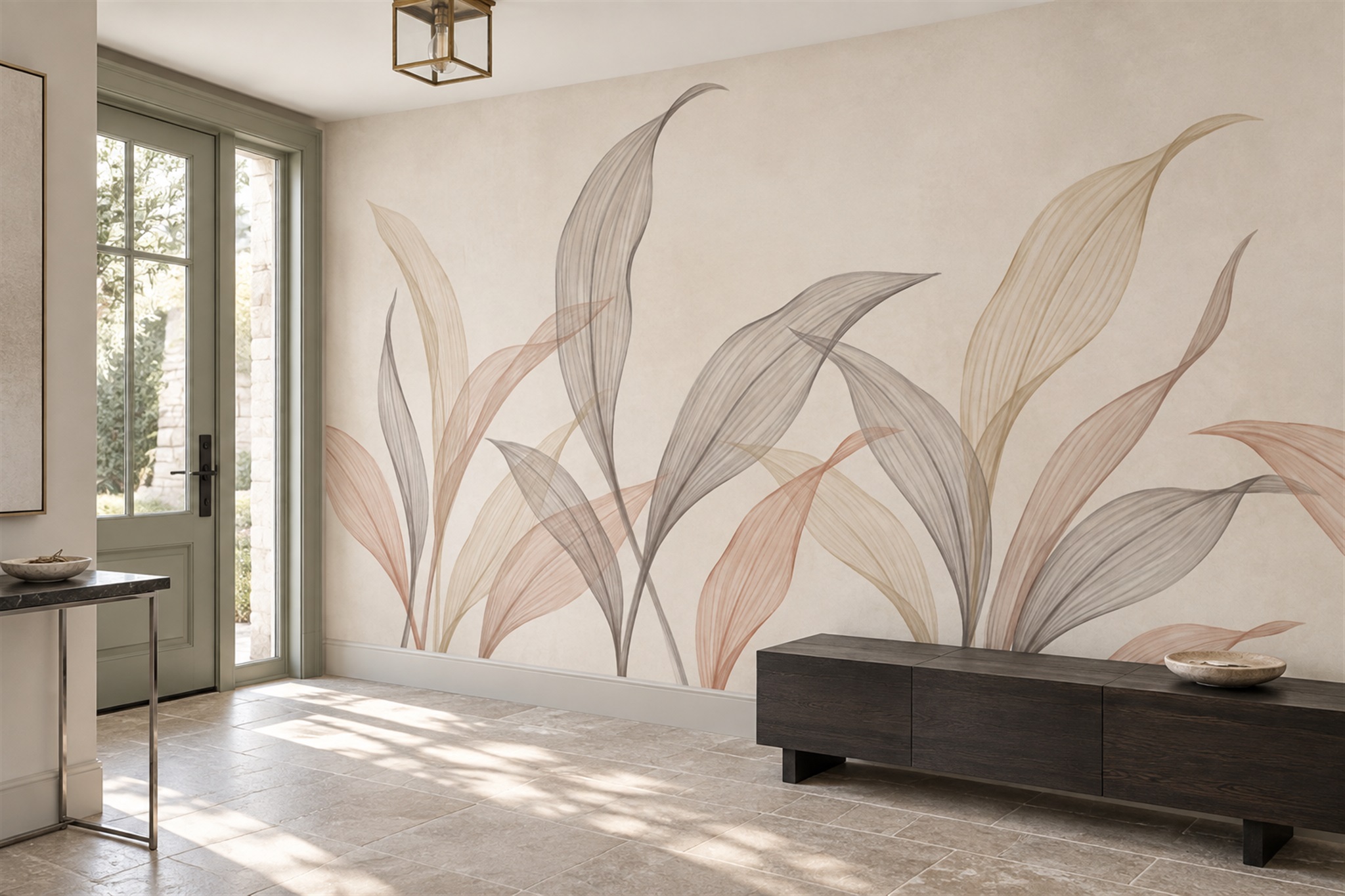 Beige Leaf Botanical Wallpaper Mural Entryway-wallpaper-murals, Peel-and-stick Finish
