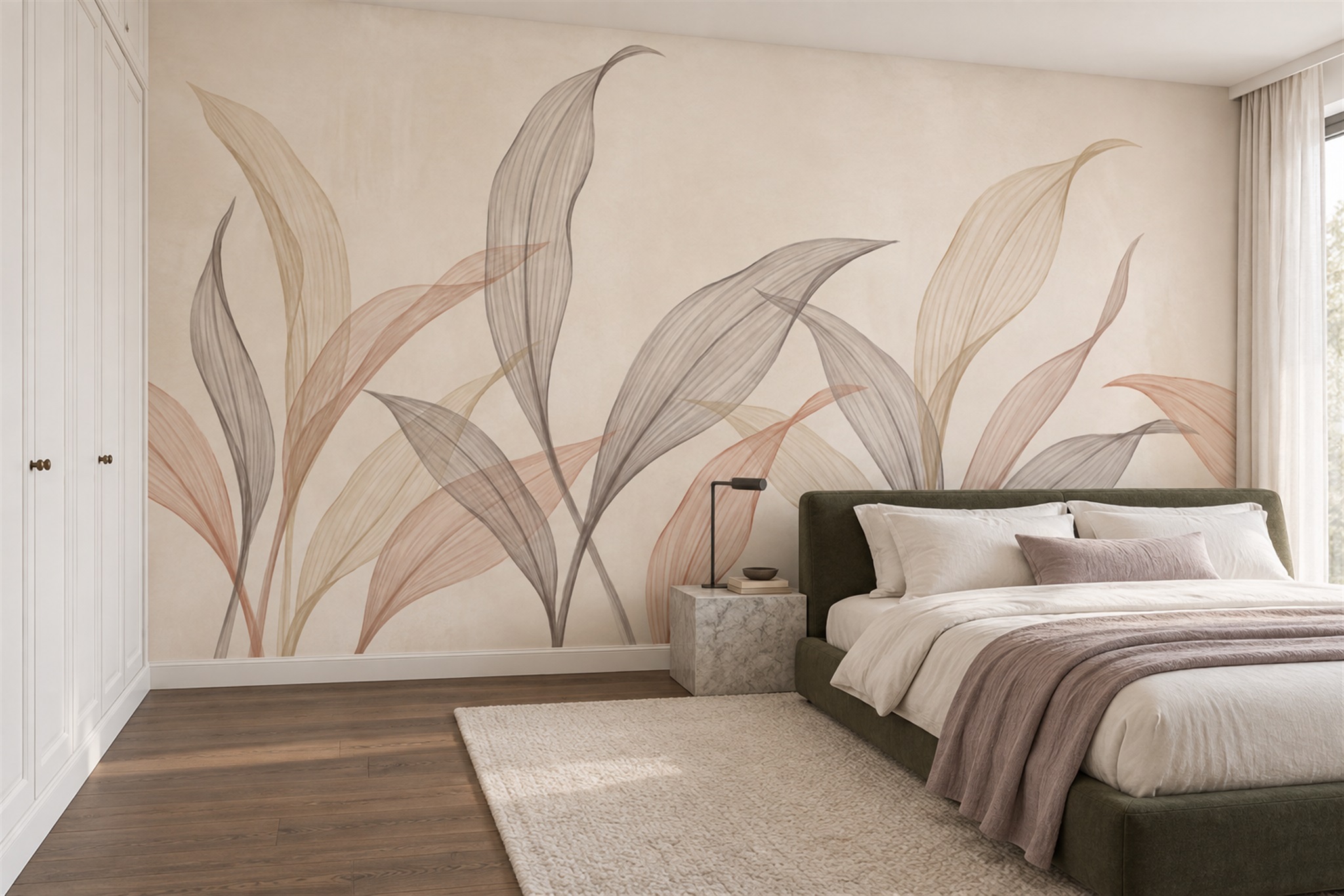 Beige Leaf Botanical Wallpaper Mural Bedroom-wallpaper-murals, Peel-and-stick Finish