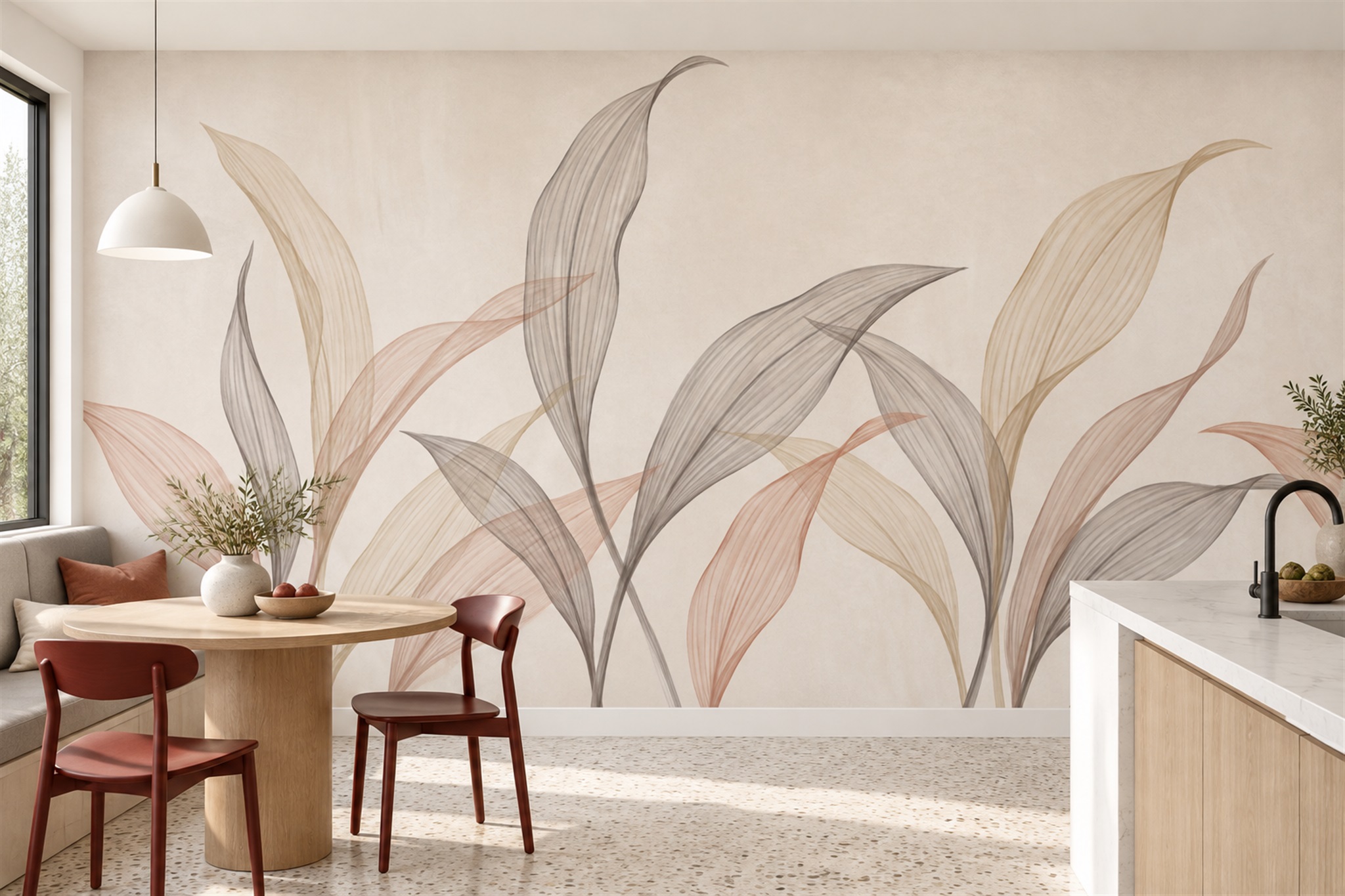 Beige Leaf Botanical Wallpaper Mural Dining-room-wallpaper-murals, Peel-and-stick Finish