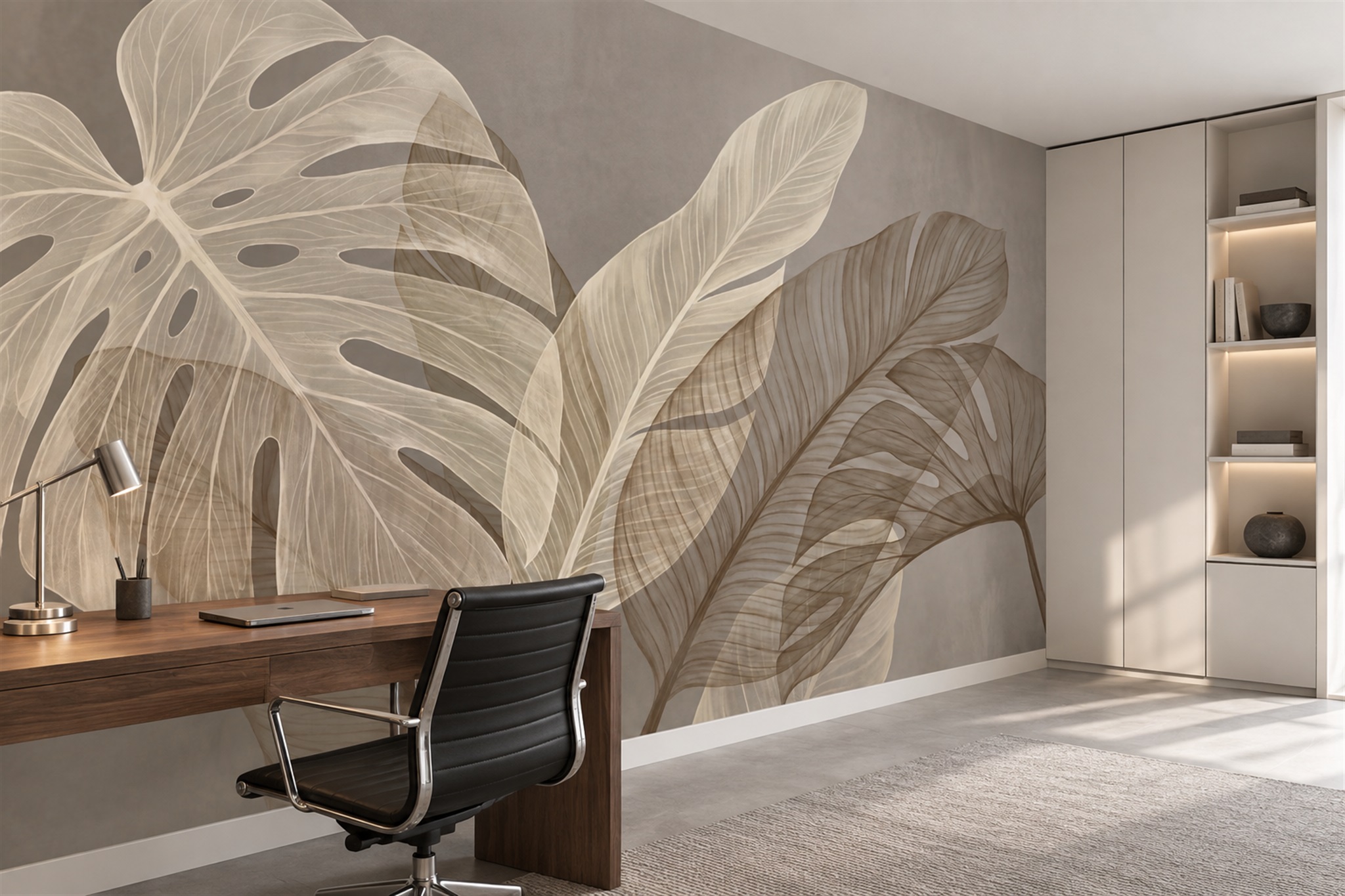 Taupe Pattern Decorative Abstract Wallpaper Mural Office-wallpaper-murals, Shown In A Home Office, Peel-and-stick Finish