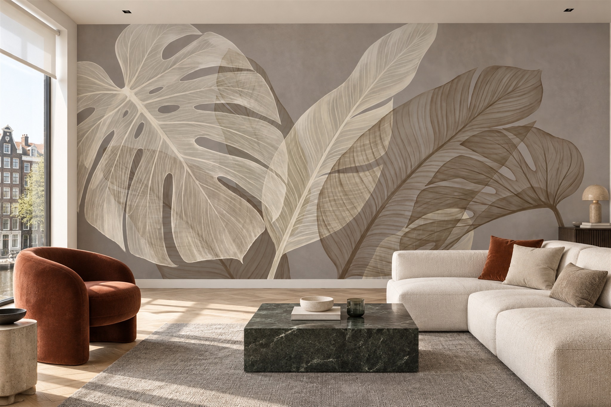 Layered Taupe Monstera Leaf Wallpaper Mural — Wallpaper Mural Design, Peel-and-stick Finish