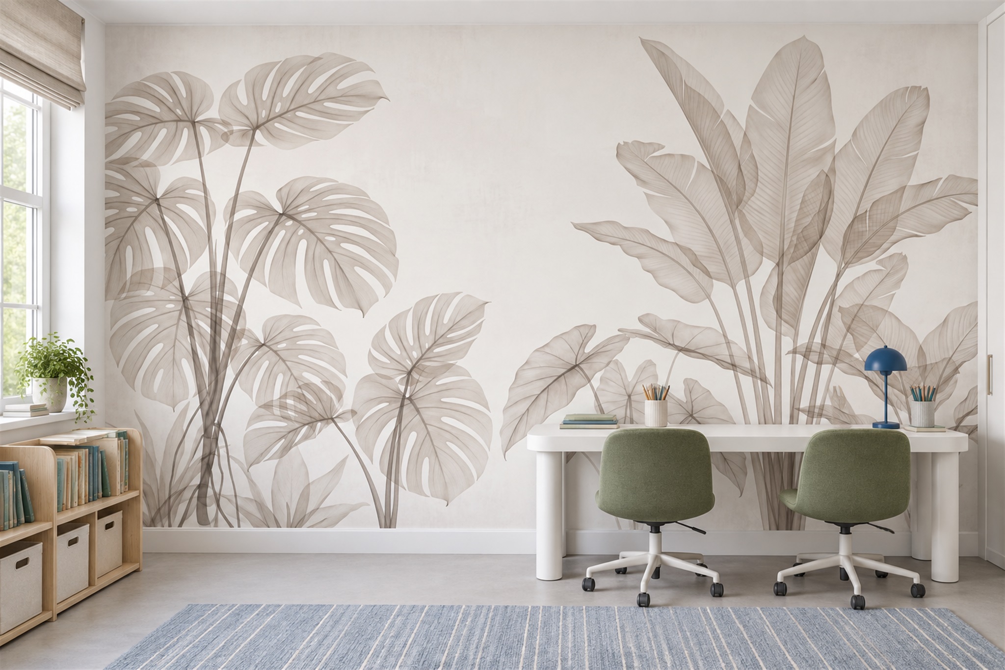 Beige Leaf Botanical Decorative Wallpaper Mural Office-wallpaper-murals, Shown In A Home Office, Peel-and-stick Finish