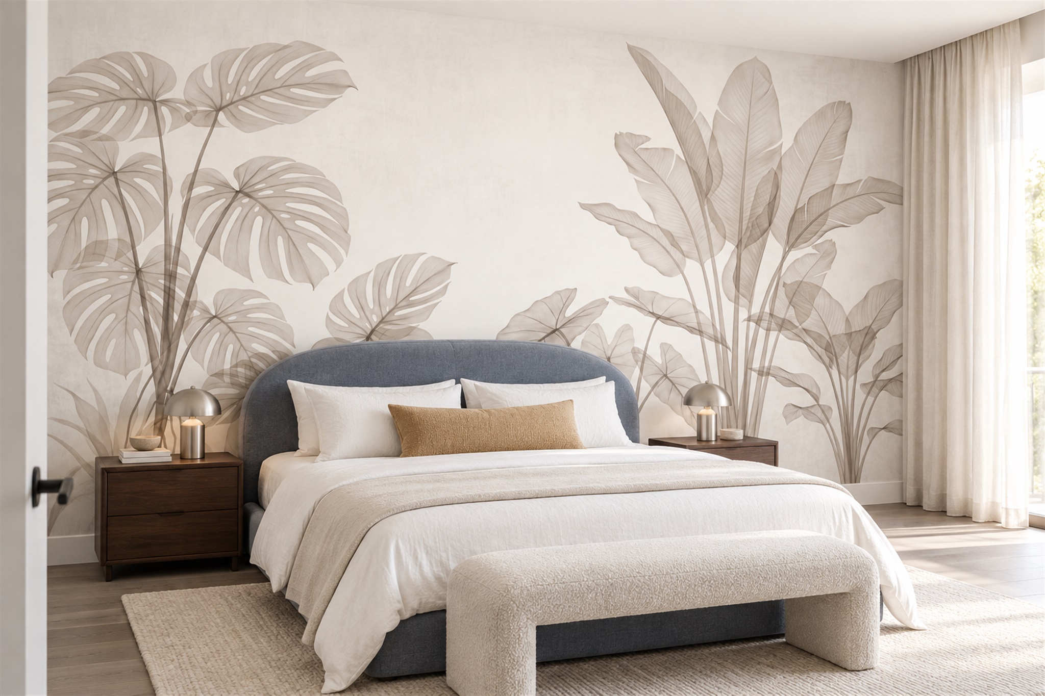 Beige Leaf Botanical Decorative Wallpaper Mural Bedroom-wallpaper-murals, Peel-and-stick Finish