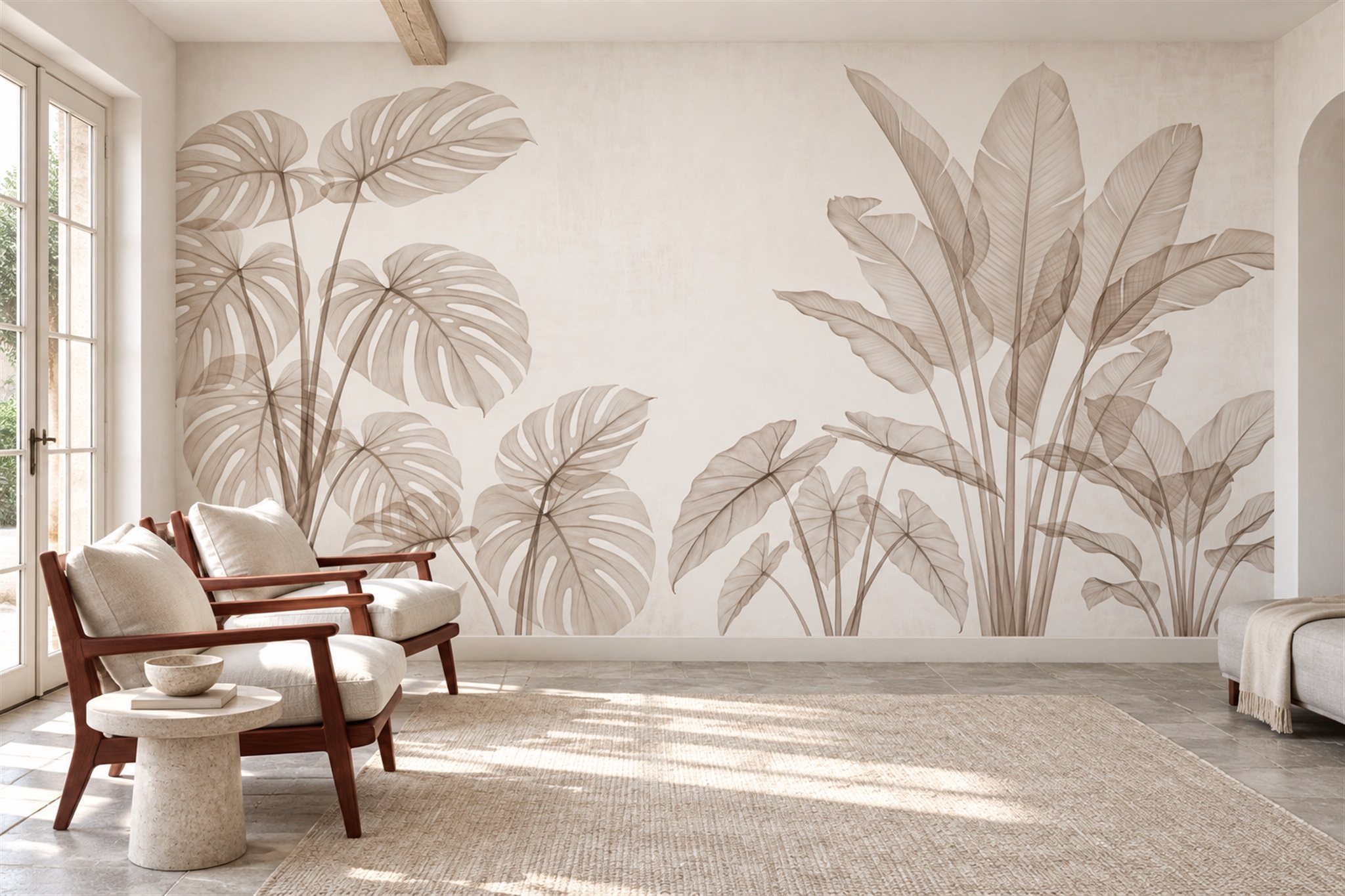 Beige Leaf Botanical Decorative Wallpaper Mural Accent-wall-wallpaper-murals, Peel-and-stick Finish
