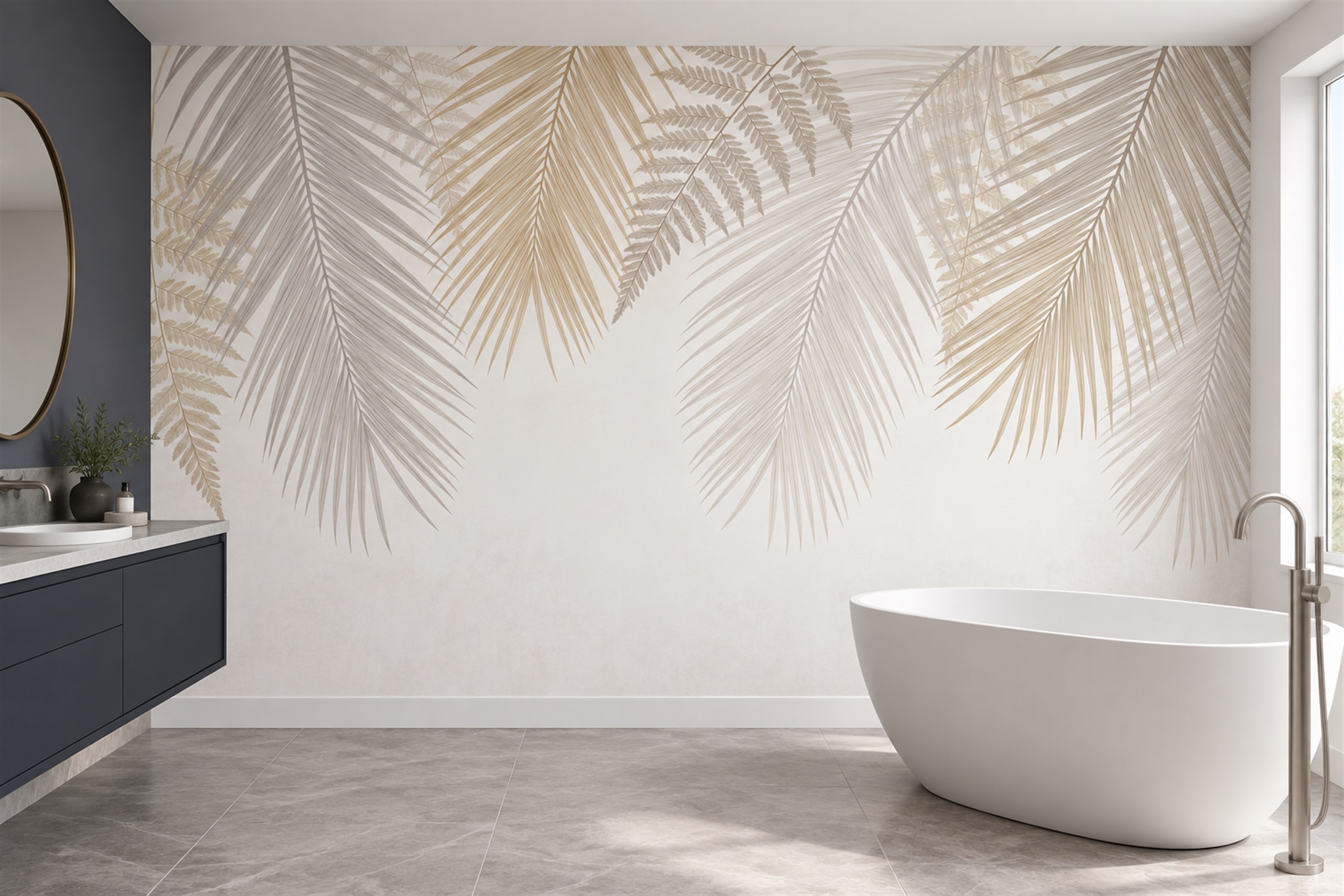 Ivory Tropical Artful Wallpaper Mural Bathroom-wallpaper-murals, Peel-and-stick Finish