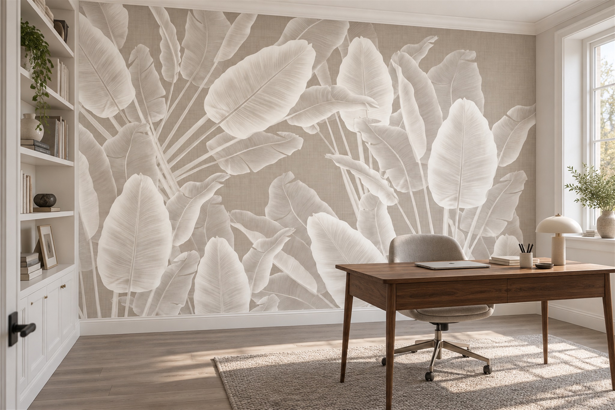 Taupe Leaf Botanical Wallpaper Mural Office-wallpaper-murals, Shown In A Home Office, Peel-and-stick Finish