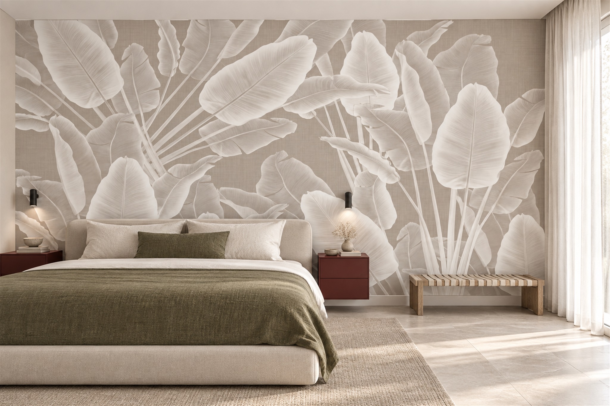 Taupe Leaf Botanical Wallpaper Mural Bedroom-wallpaper-murals, Peel-and-stick Finish