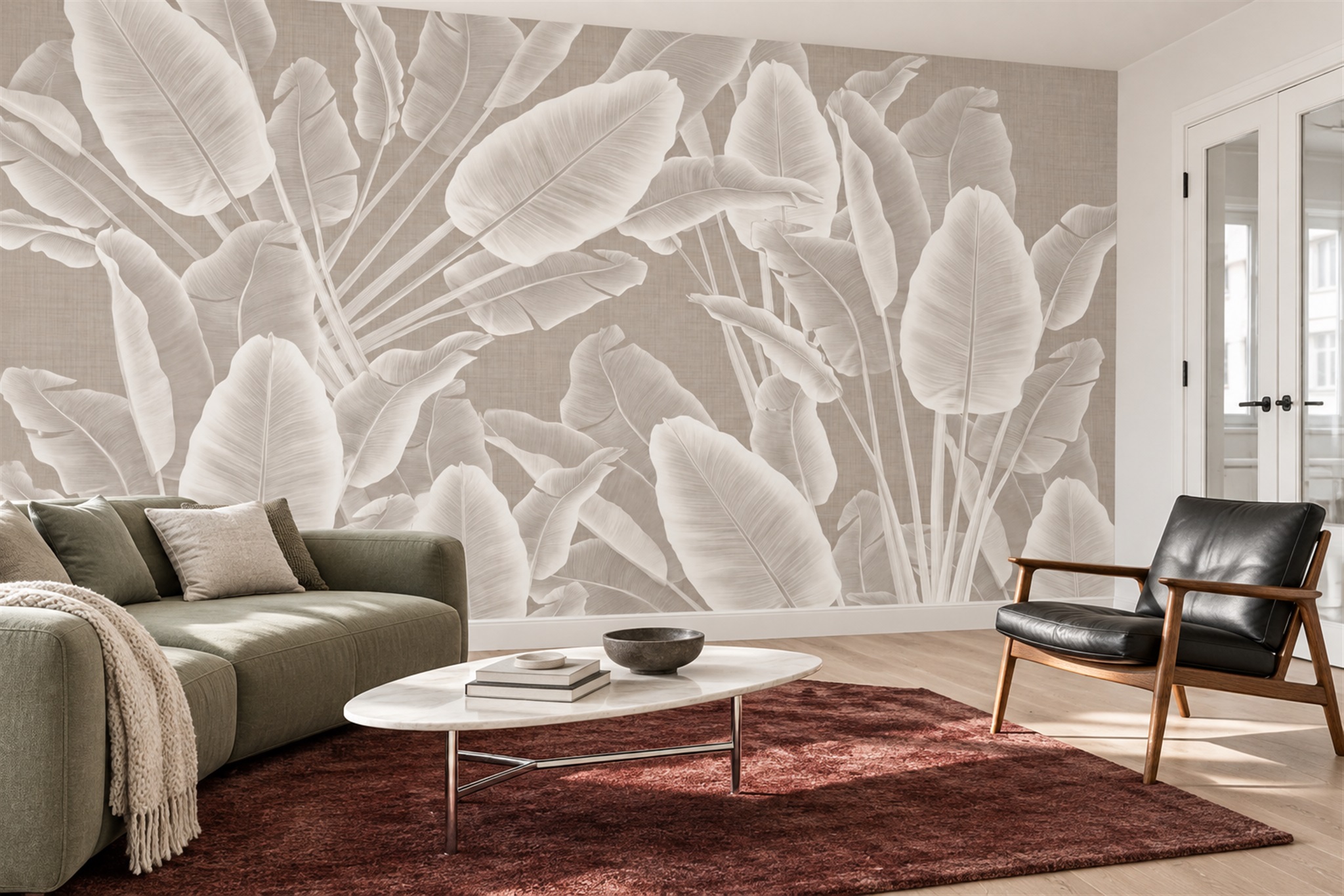 Taupe Leaf Botanical Wallpaper Mural Living-room-wallpaper-murals, Peel-and-stick Finish