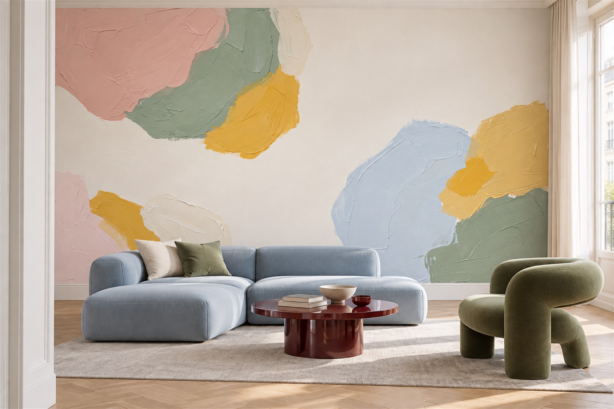 Sage Shaped Abstract Wallpaper Mural Living-room-wallpaper-murals, Shown In A Living Room, Peel-and-stick Finish