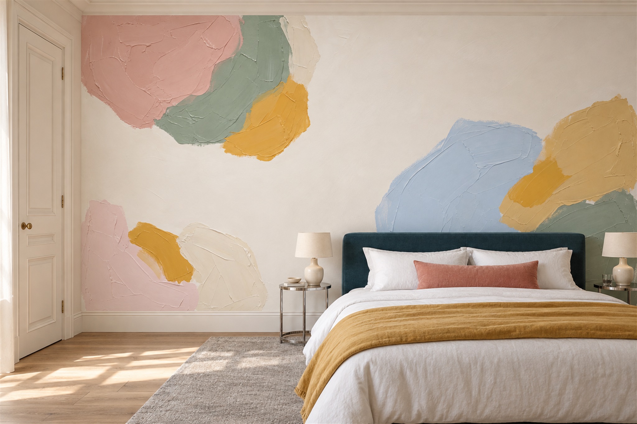 Pastel Brushstroke Shapes Abstract Wallpaper Mural — Installed Wallpaper Mural In A Bedroom, Peel-and-stick Finish