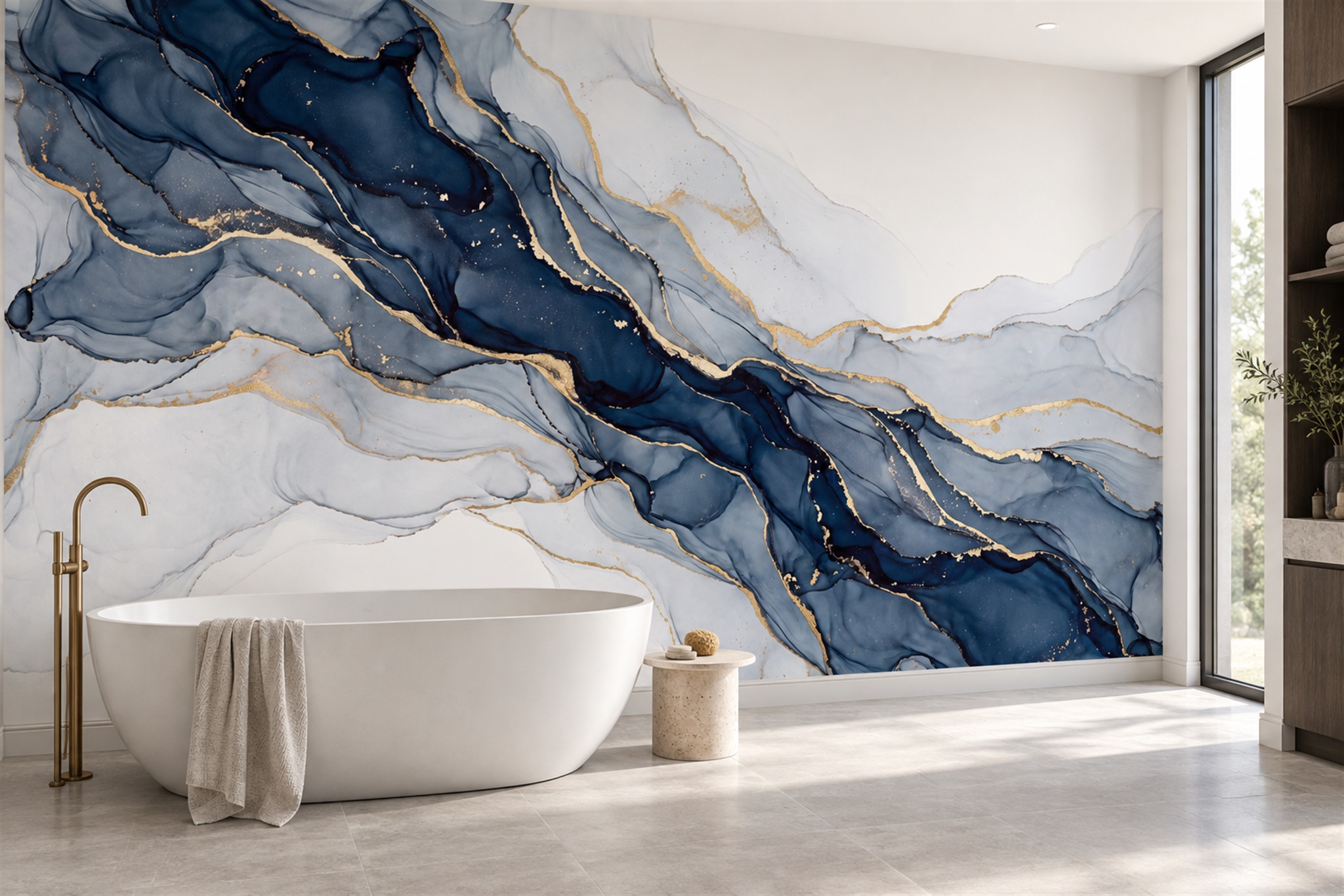 Navy Marble Decorative Wallpaper Mural Bathroom-wallpaper-murals, Peel-and-stick Finish