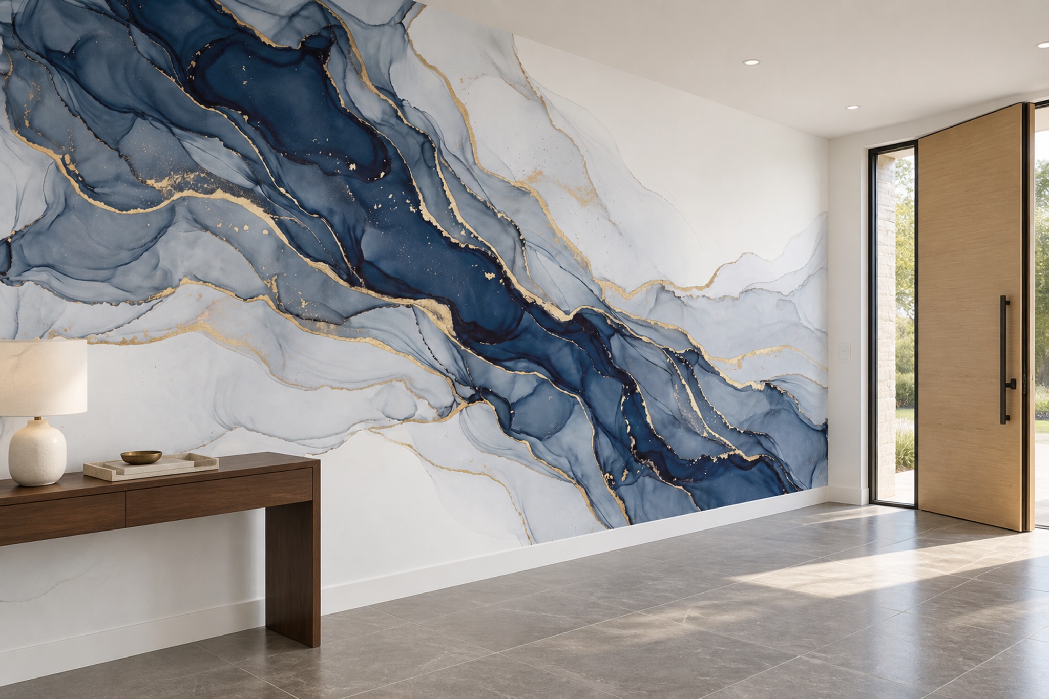 Navy Marble Decorative Wallpaper Mural Entryway-wallpaper-murals, Peel-and-stick Finish