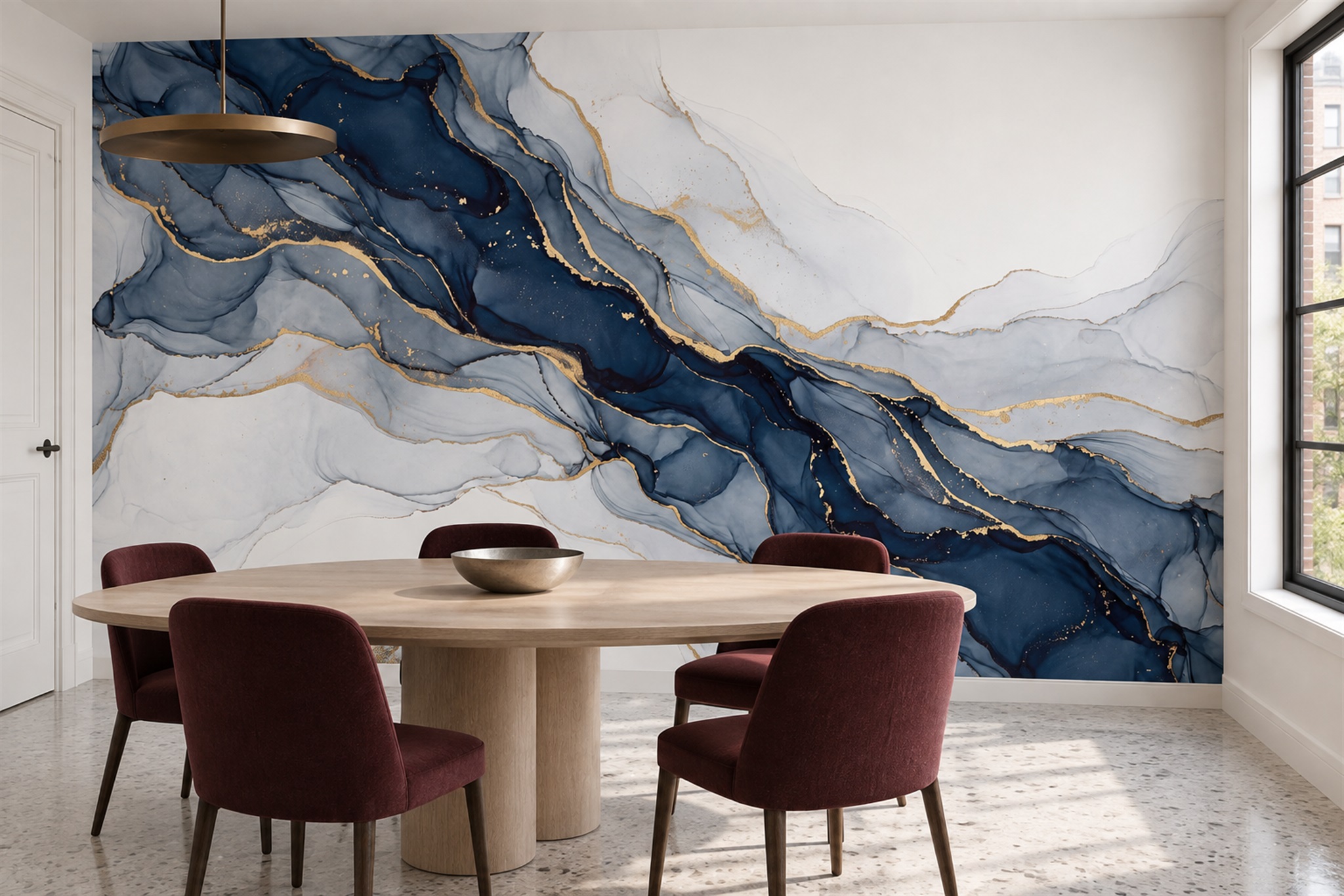 Navy Marble Decorative Wallpaper Mural Dining-room-wallpaper-murals, Peel-and-stick Finish