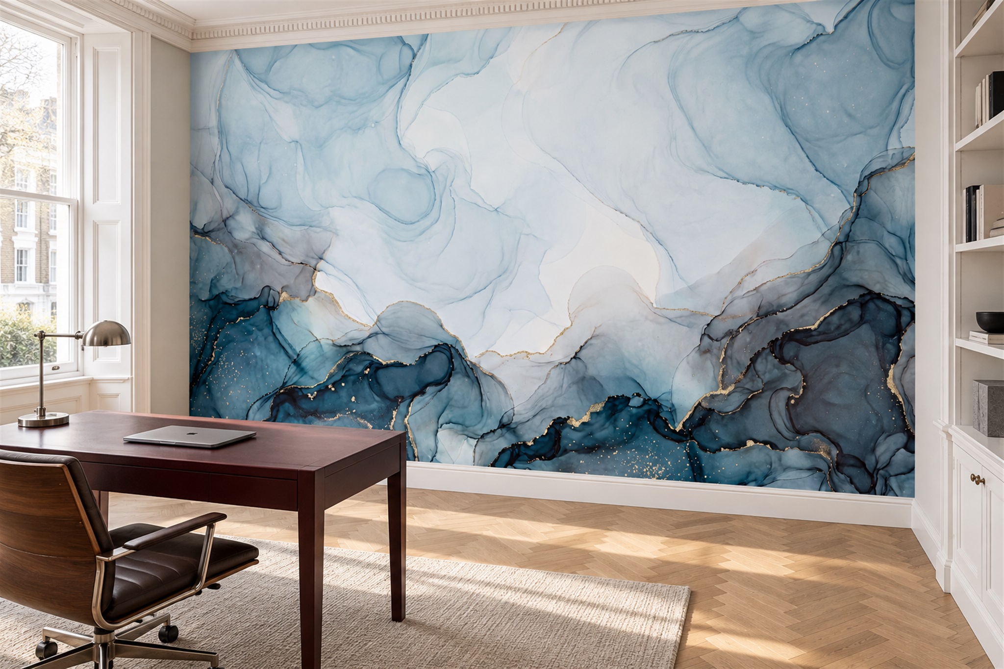 Blue Agate Decorative Wallpaper Mural Office-wallpaper-murals, Shown In A Home Office, Peel-and-stick Finish