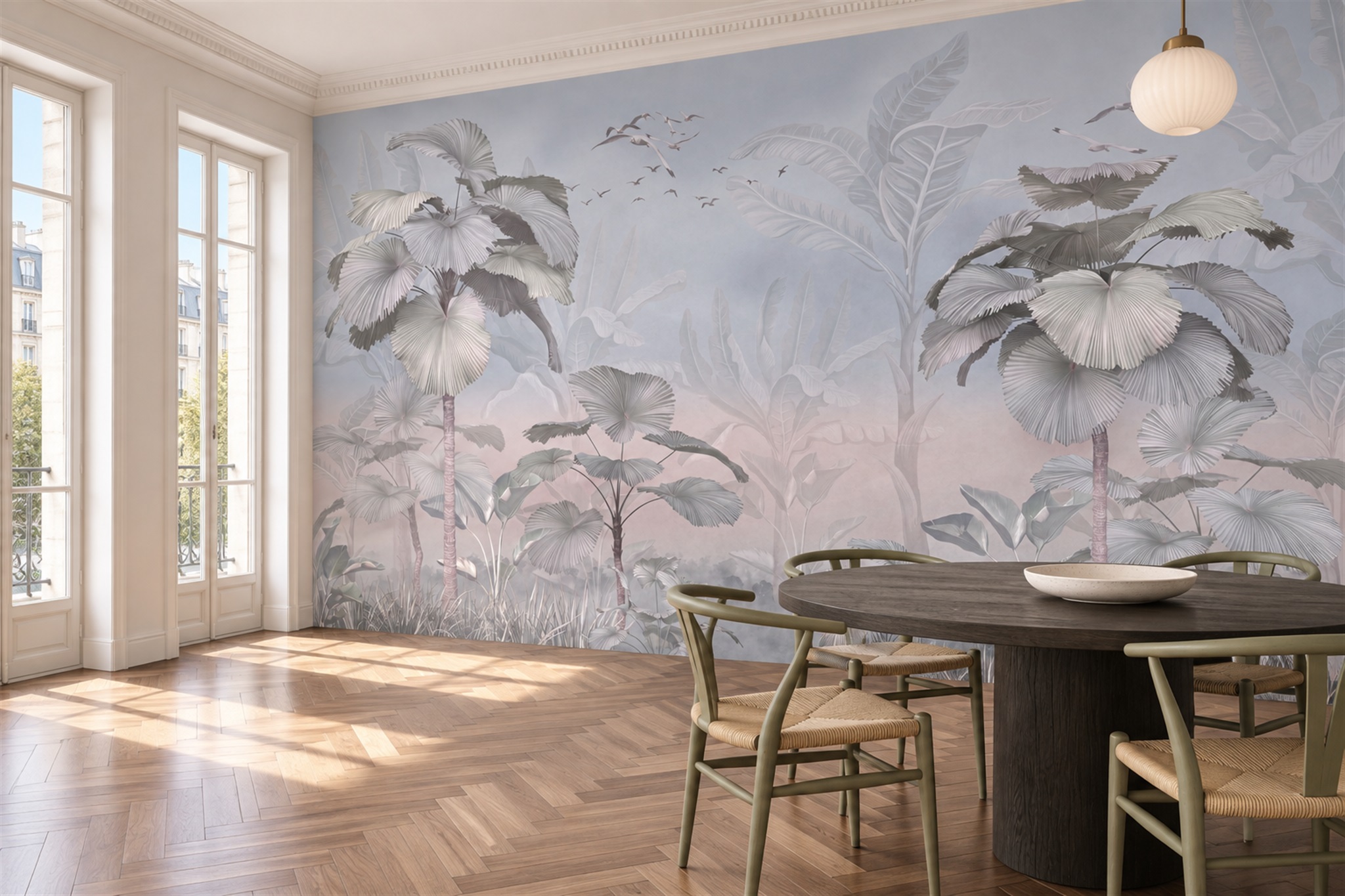 Lilac Vintage Artful Wallpaper Mural Dining-room-wallpaper-murals, Shown In A Dining Room, Peel-and-stick Finish