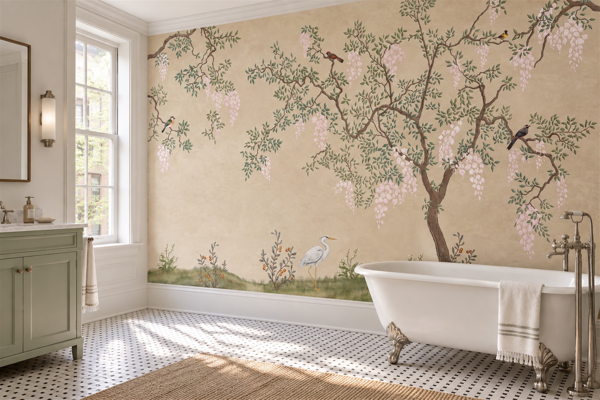 Beige Blossom Botanical Wallpaper Mural Bathroom-wallpaper-murals, Peel-and-stick Finish