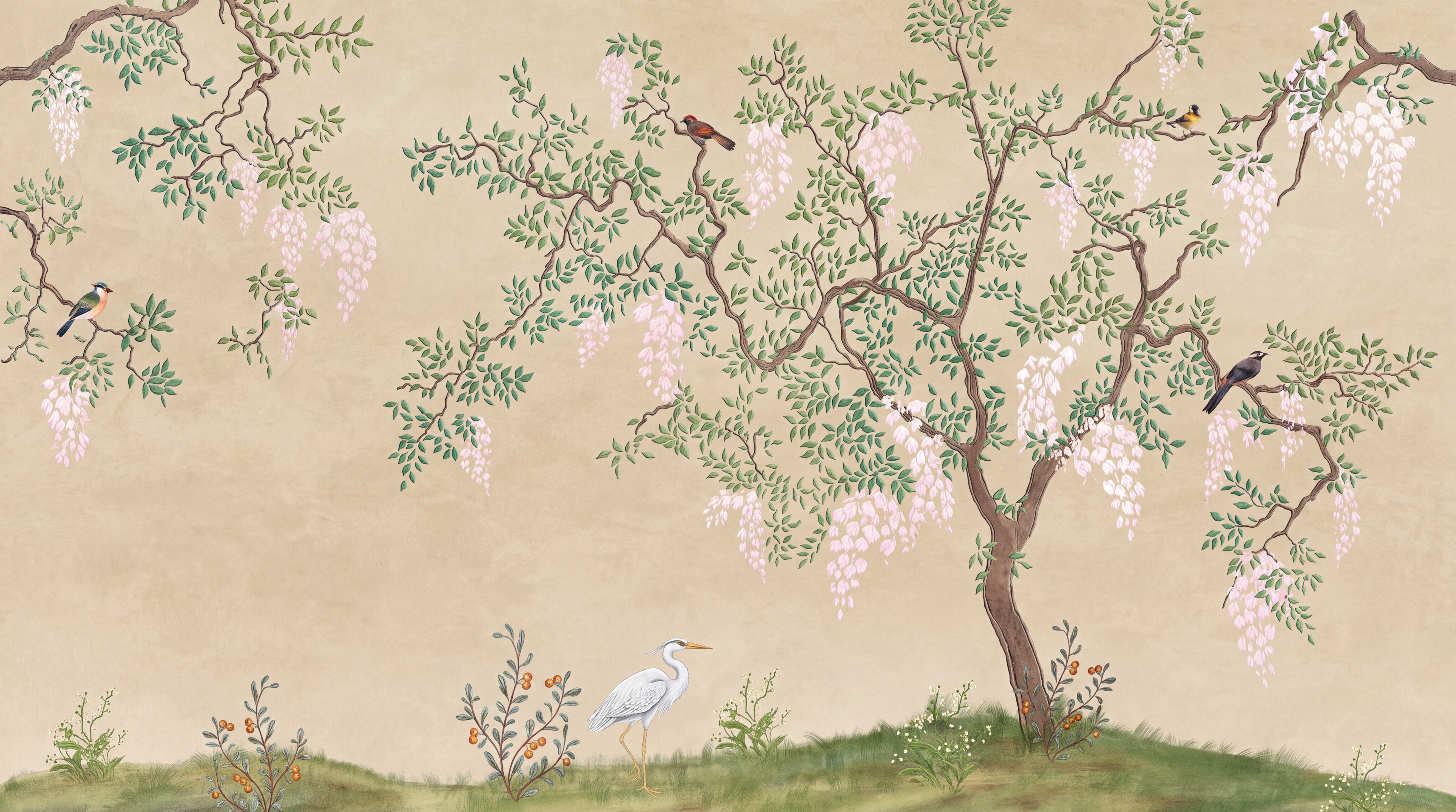 Beige Blossom Botanical Wallpaper Mural Bathroom-wallpaper-murals, Peel-and-stick Finish