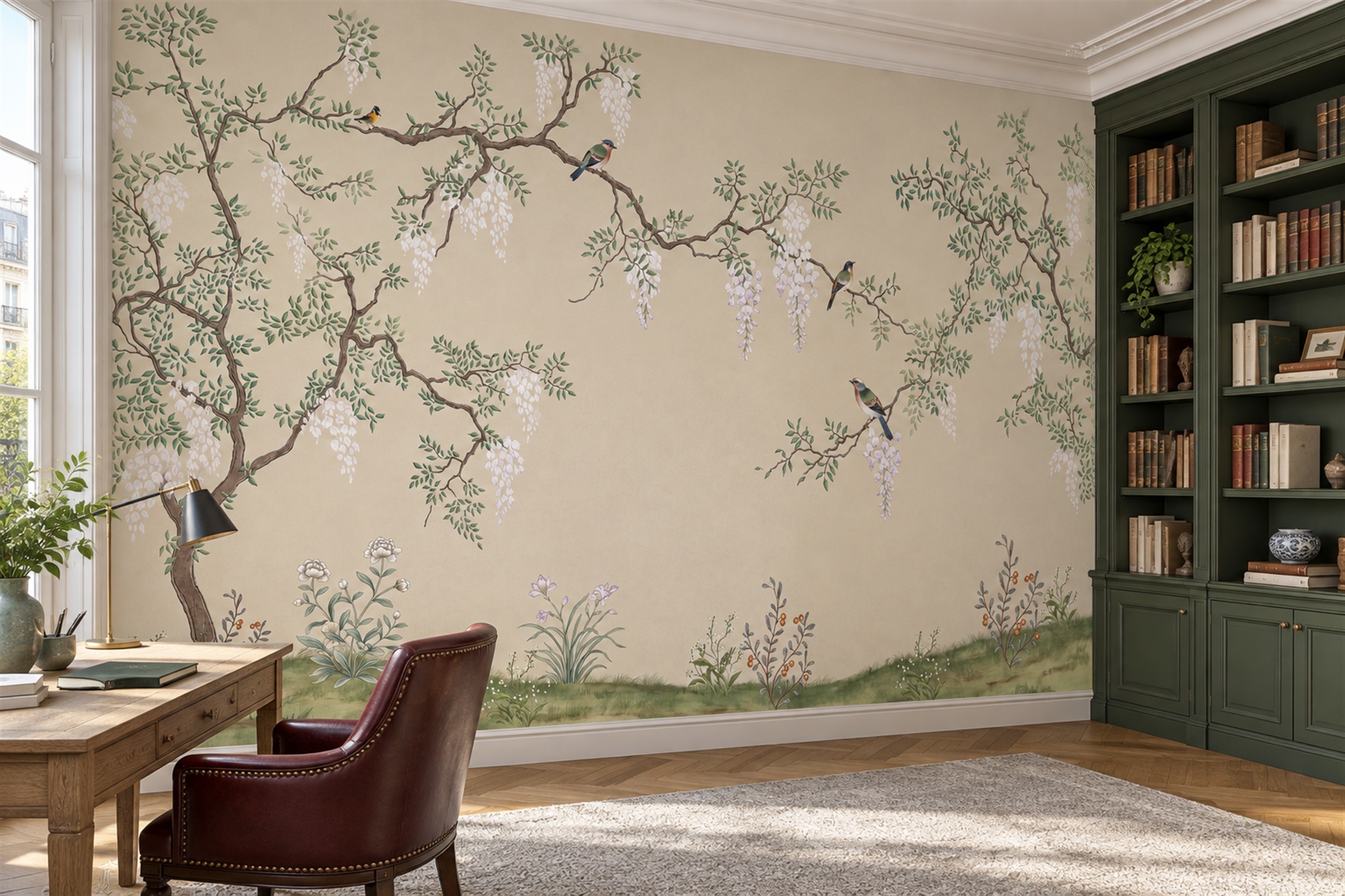 Beige Pattern Decorative Wallpaper Mural Office-wallpaper-murals, Shown In A Home Office, Peel-and-stick Finish